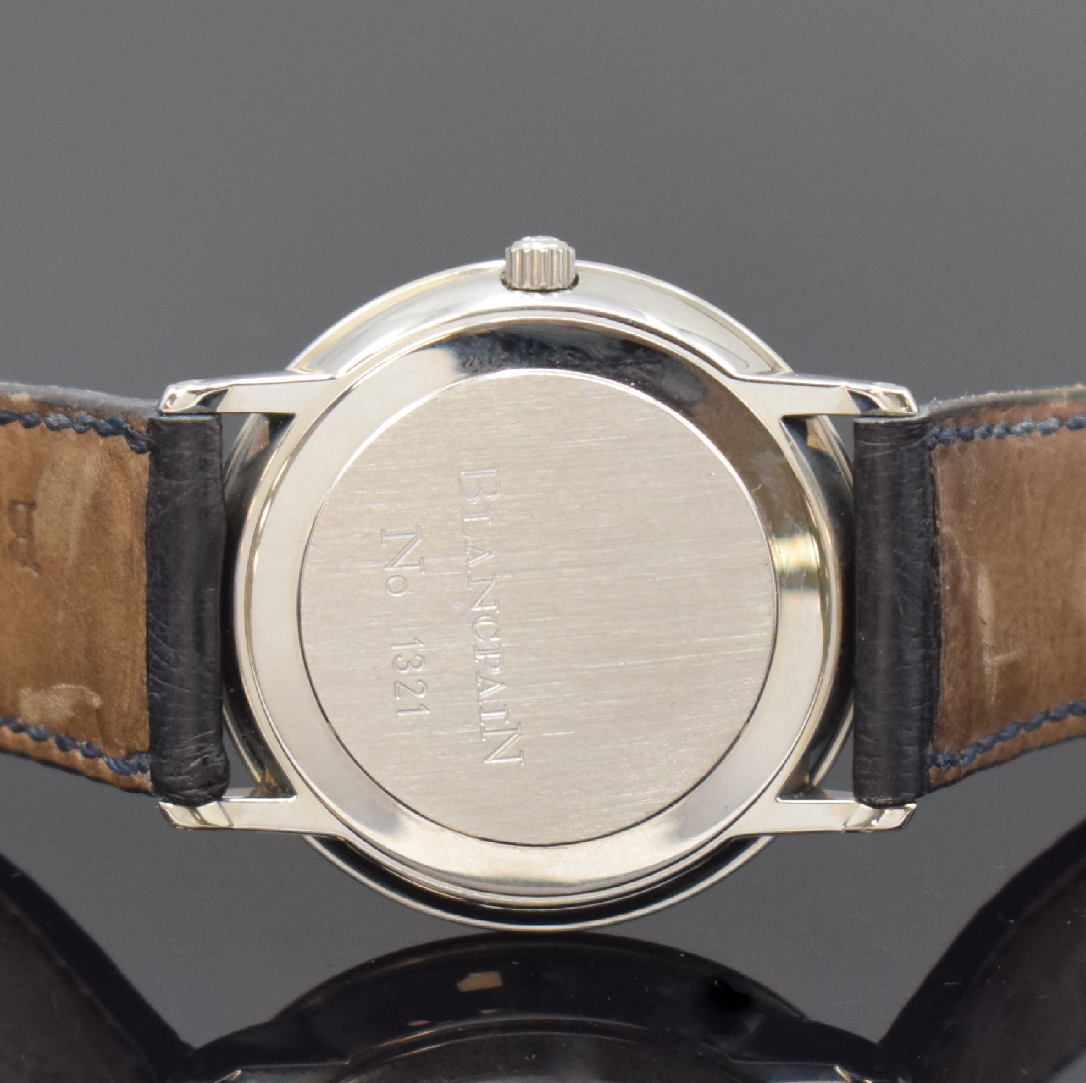Detail d: BLANCPAIN Damenarmbanduhr Villeret in Stahl, Schweiz um 1995, Automatik, 2-tlg. Geh. inkl. orig. Lederband m. orig. Dornschl., Glasrand u. Boden ...