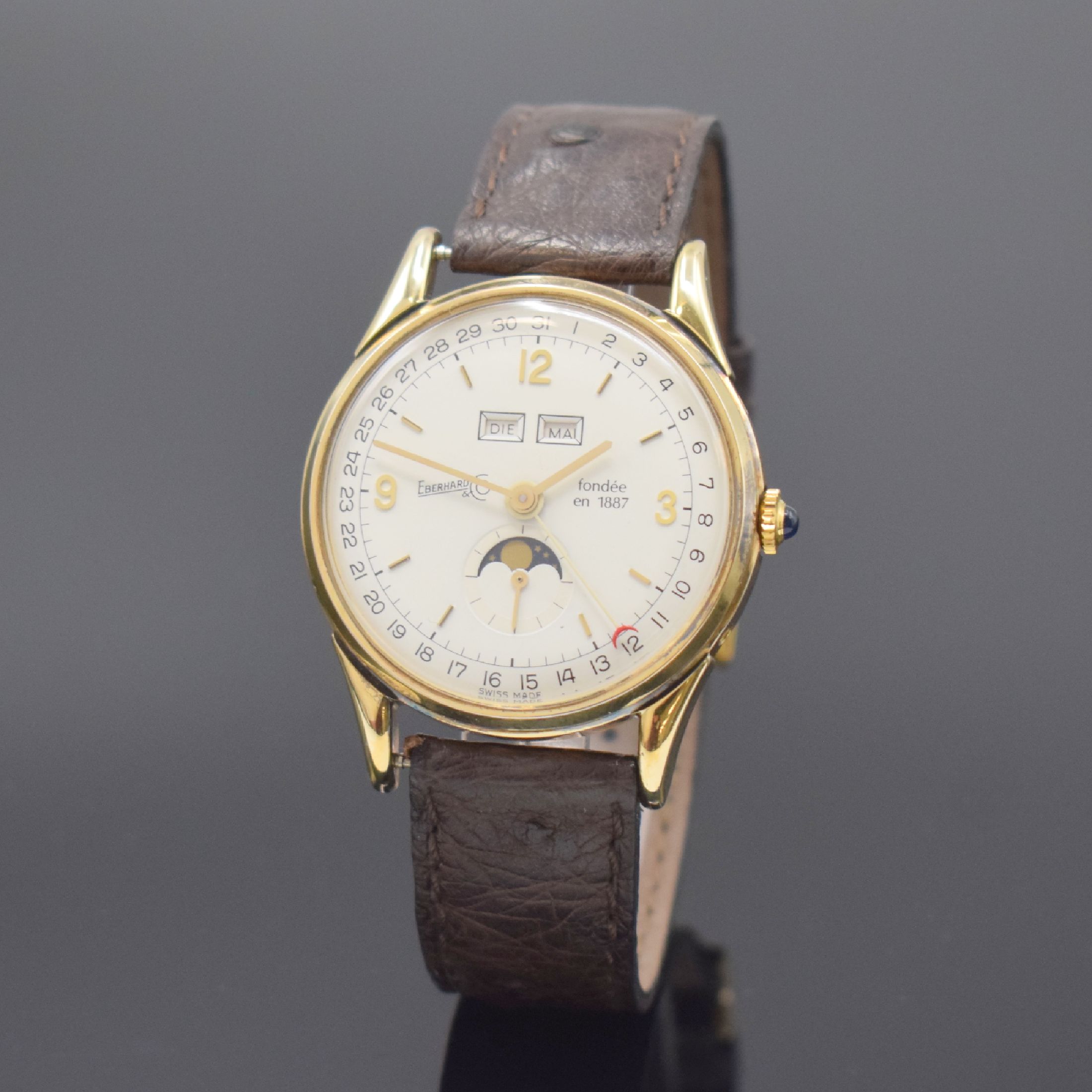 EBERHARD & CO. Herrenarmbanduhr mit Vollkalenderanzeige und Mondphase, Schweiz um 1987, Handaufzug, auf 499 Stück limitiertes Sondermodell, ...