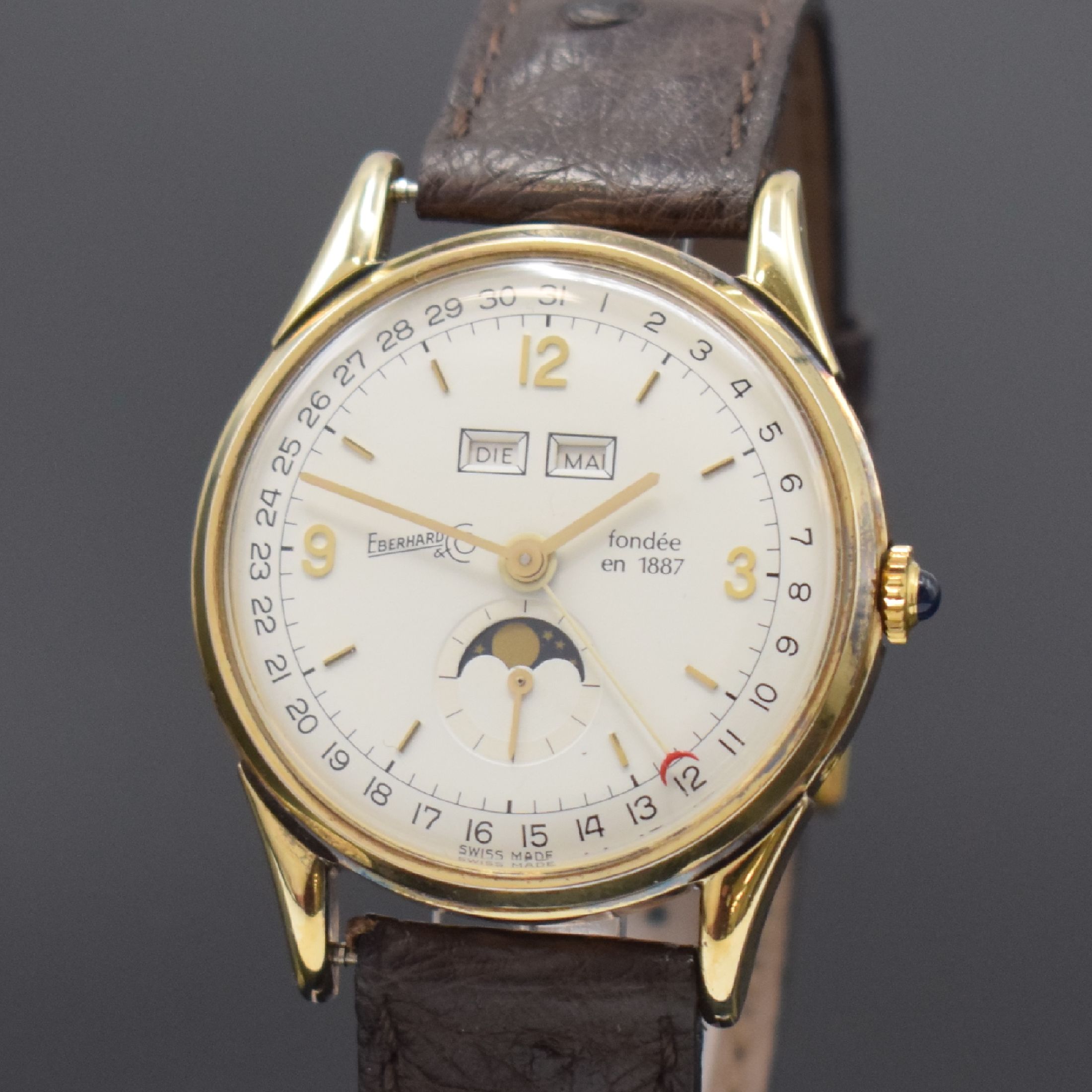Detail a: EBERHARD & CO. Herrenarmbanduhr mit Vollkalenderanzeige und Mondphase, Schweiz um 1987, Handaufzug, auf 499 Stück limitiertes Sondermodell, ...