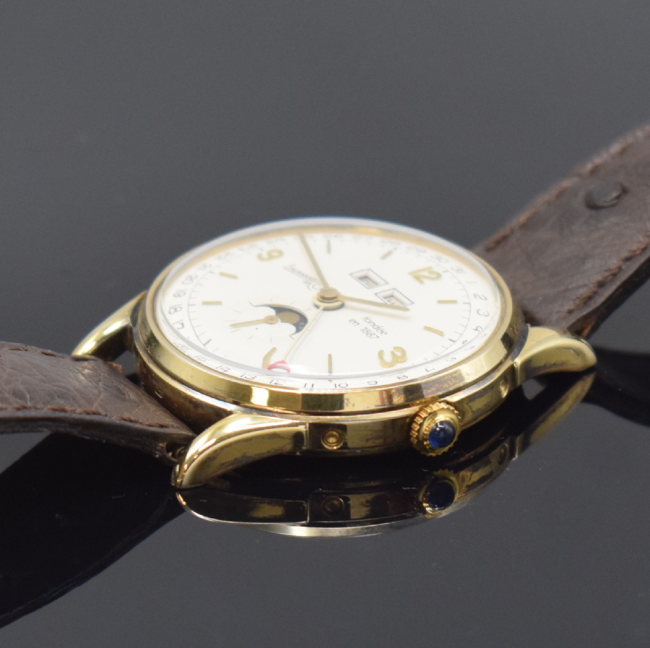 Detail b: EBERHARD & CO. Herrenarmbanduhr mit Vollkalenderanzeige und Mondphase, Schweiz um 1987, Handaufzug, auf 499 Stück limitiertes Sondermodell, ...