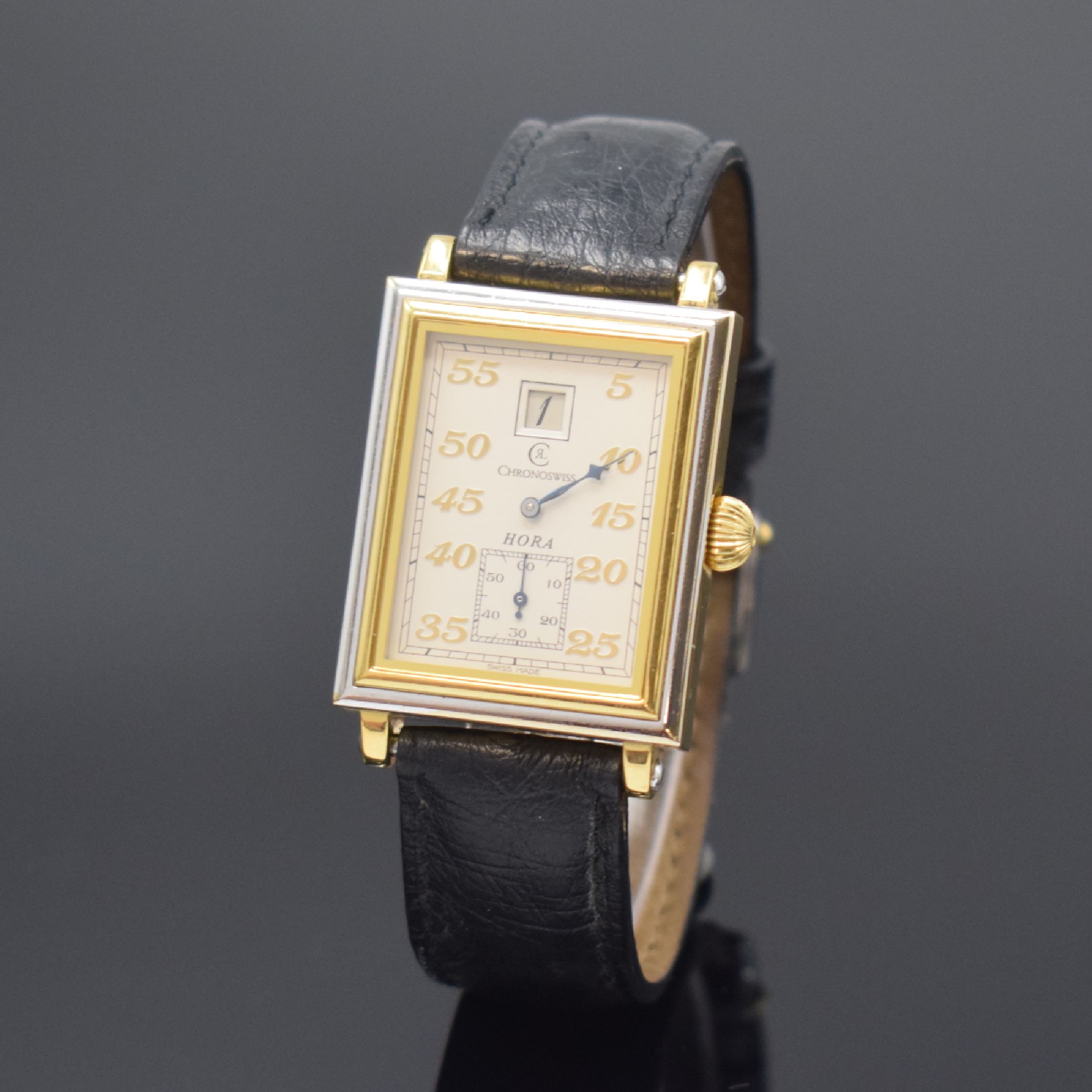 CHRONOSWISS limitierte Herrenarmbanduhr Modell Hora Referenz CH 1351, Handaufzug, Schweiz um 1990, GG/WG 750/000 inkl. orig. Lederband m. orig. ...