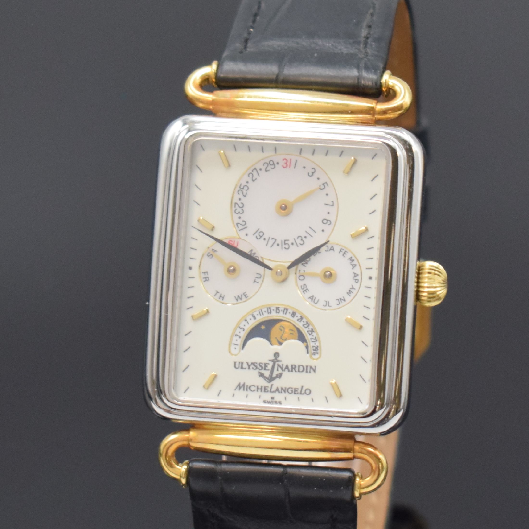 Detail a: ULYSSE NARDIN Herrenarmbanduhr Michelangelo mit Vollkalenderanzeige und Mondphase Referenz 164-44, Schweiz um 1995, Automatik, Edelstahl/Gold ...