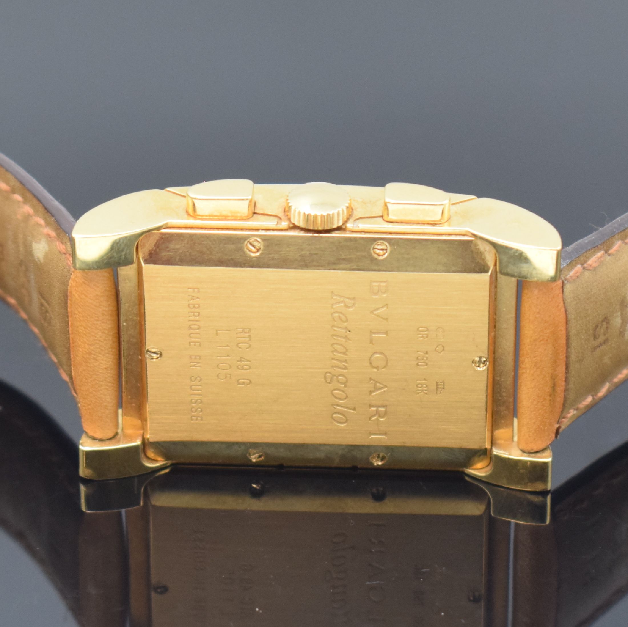 Detail d: BULGARI Rettangolo Herrenchronograph in GG 750/000 Referenz RTC 49 G, Schweiz um 2005, quarz, orig. Lederband m.GG 750/000 Dornschl., Boden 6-fach ...