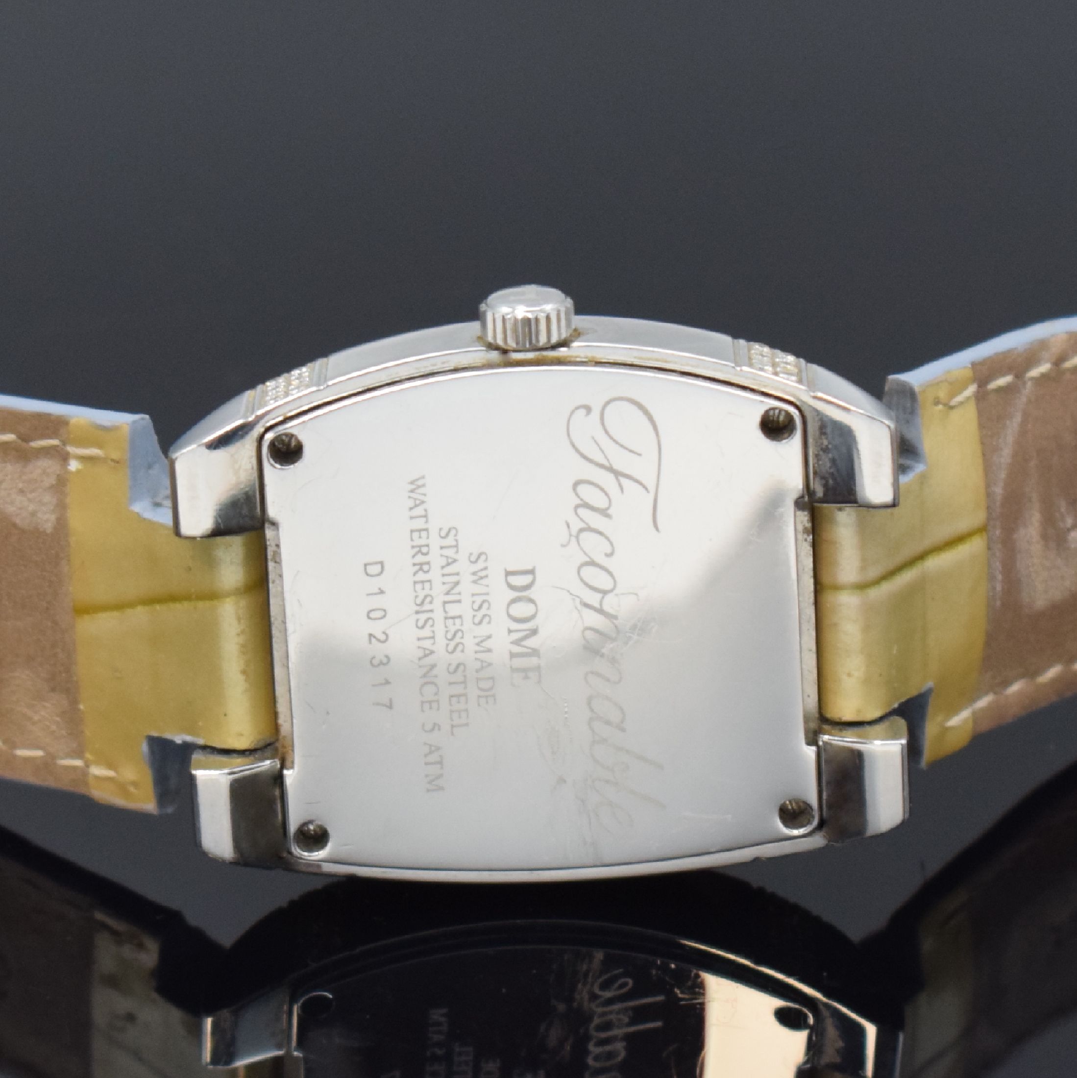 Detail d: FACONNABLE Dome Damenarmbanduhr in Stahl mit Diamanten, Schweiz um 2005, quarz, Boden 4- fach verschr., orig. Lederband inkl. Dornschl. m. Diamanten, ...