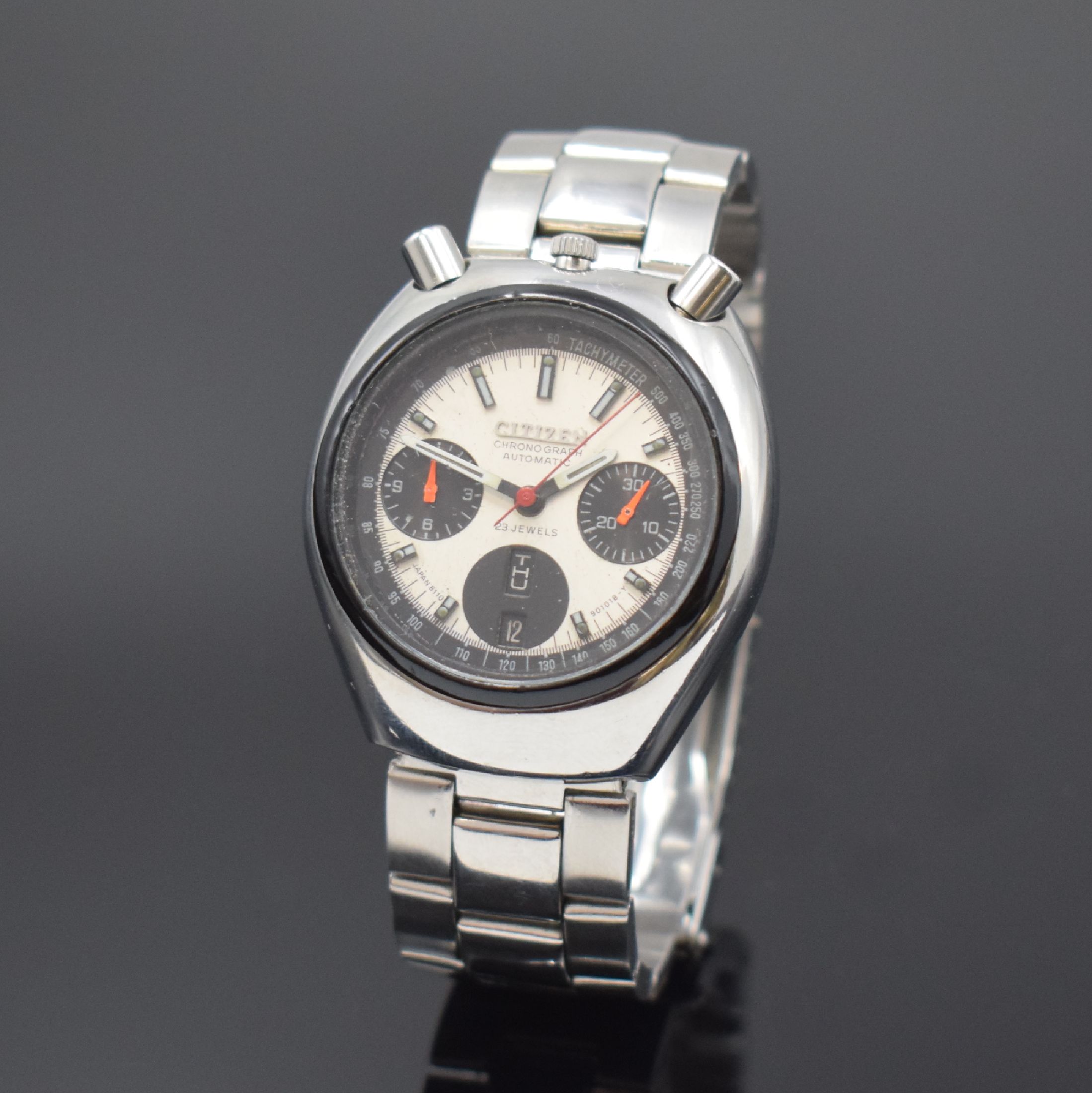 CITIZEN Armbandchronograph mit Flyback sog. Bullhead Referenz 4-901134 K, Japan um 1970, Automatik, Stahlgeh., Boden verschr., neutr. Stahlband m. ...