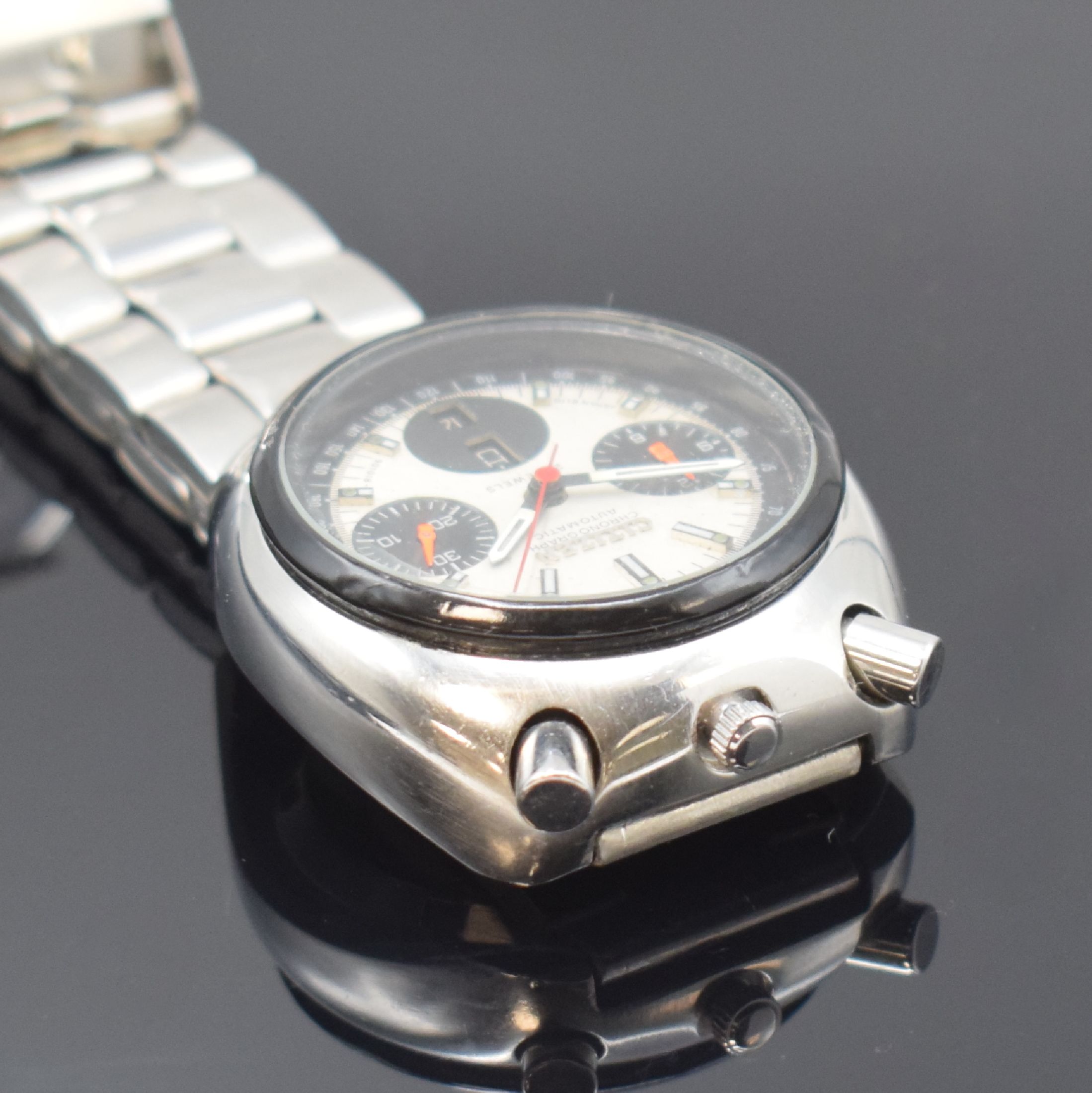Detail b: CITIZEN Armbandchronograph mit Flyback sog. Bullhead Referenz 4-901134 K, Japan um 1970, Automatik, Stahlgeh., Boden verschr., neutr. Stahlband m. ...