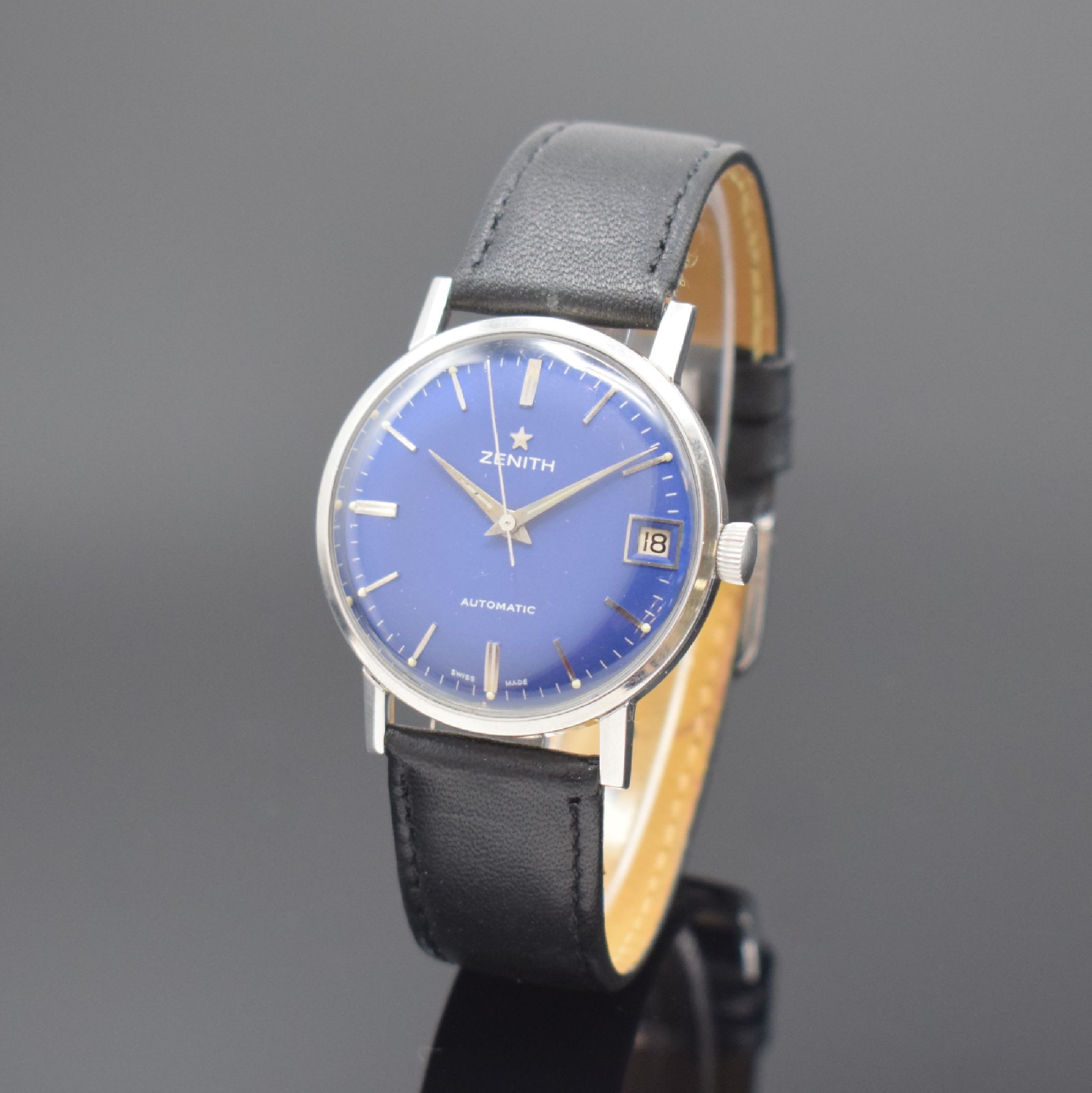 ZENITH Sporto Armbanduhr in Stahl, Schweiz um 1960, Automatik, Boden verschr., blaues Zifferbl. m. aufgel. Indizes rest., silb. ...