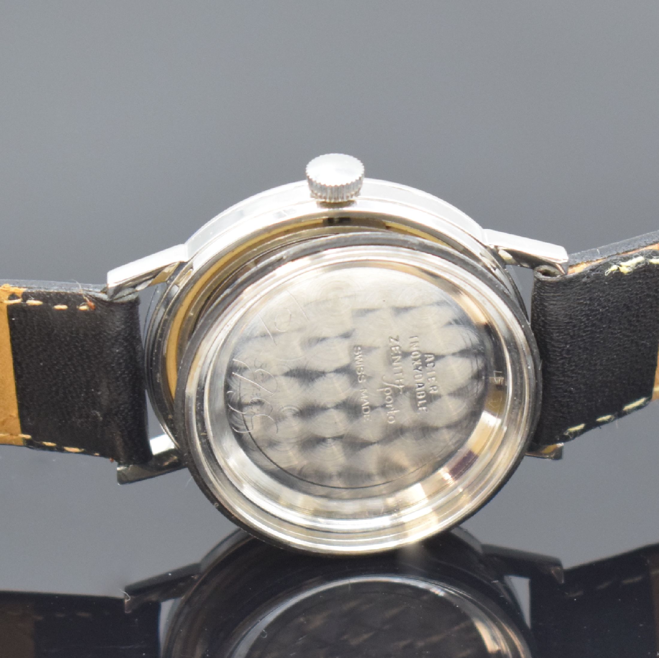 Detail f: ZENITH Sporto Armbanduhr in Stahl, Schweiz um 1960, Automatik, Boden verschr., blaues Zifferbl. m. aufgel. Indizes rest., silb. ...