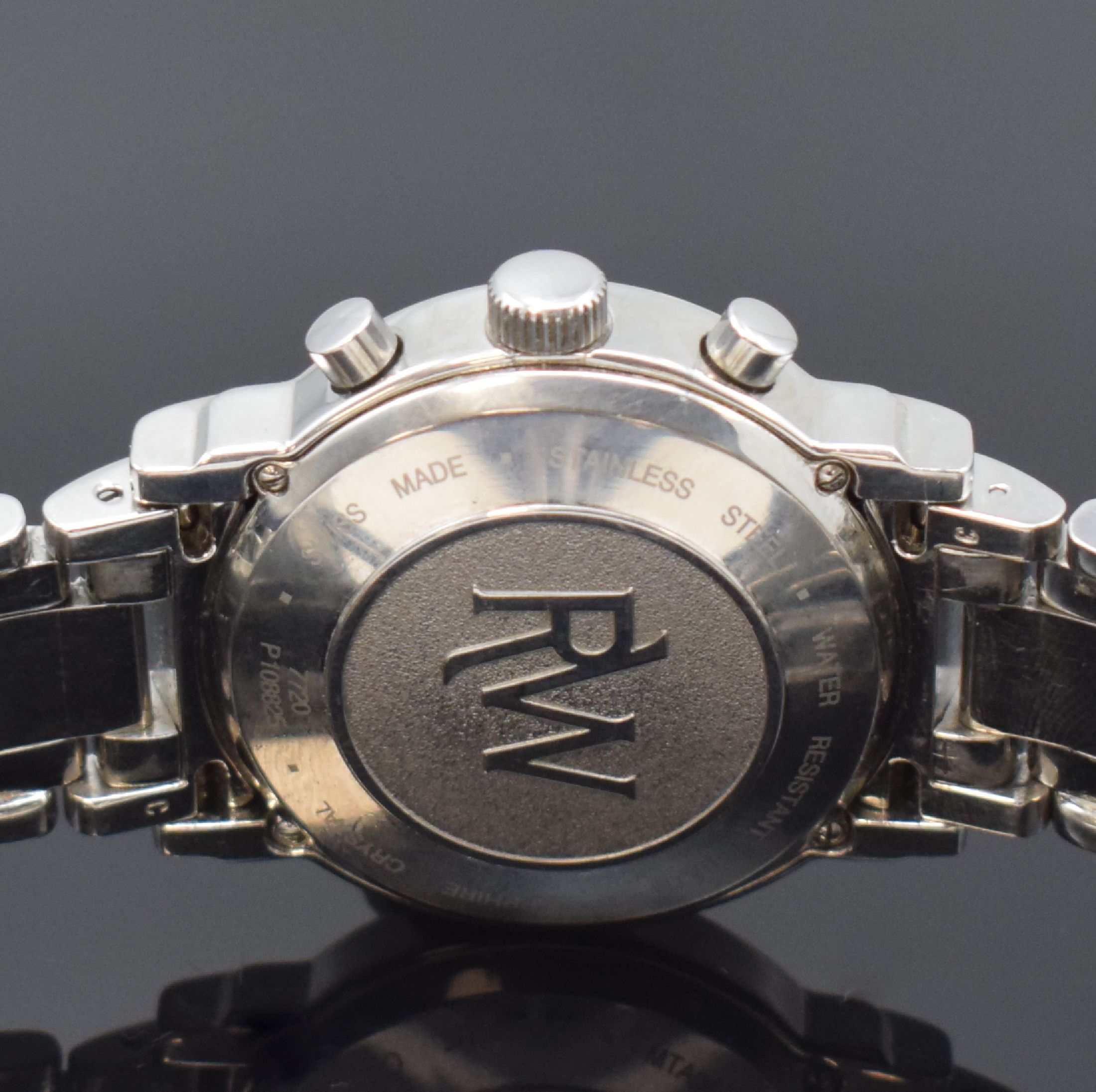 Detail d: RAYMOND WEIL Saxo Armbandchronograph in Stahl, Schweiz um 2000, Automatik, 4-fach verschr. Geh., Gliederband m. dopp. Faltschl., Krone verschr., ...