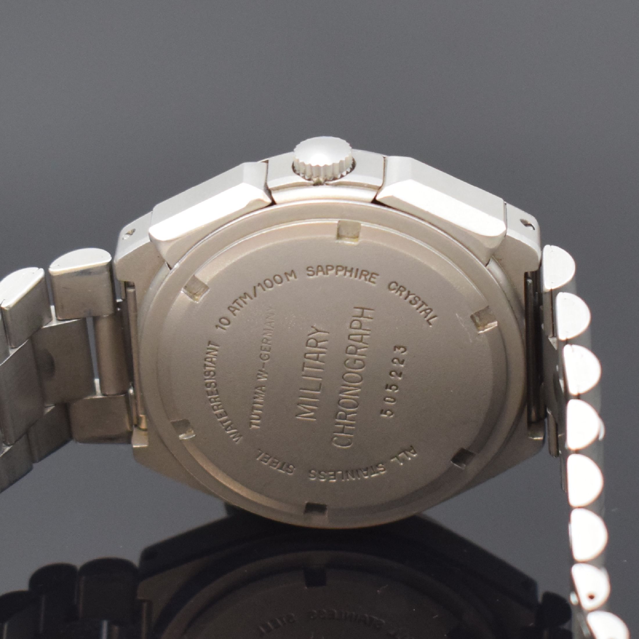 Detail d: TUTIMA Military Armbandchronograph in Stahl/ Stahlband, Schweiz / Deutschland um 1990, Automatik, mattiertes Geh., Boden u. Krone verschr., ...