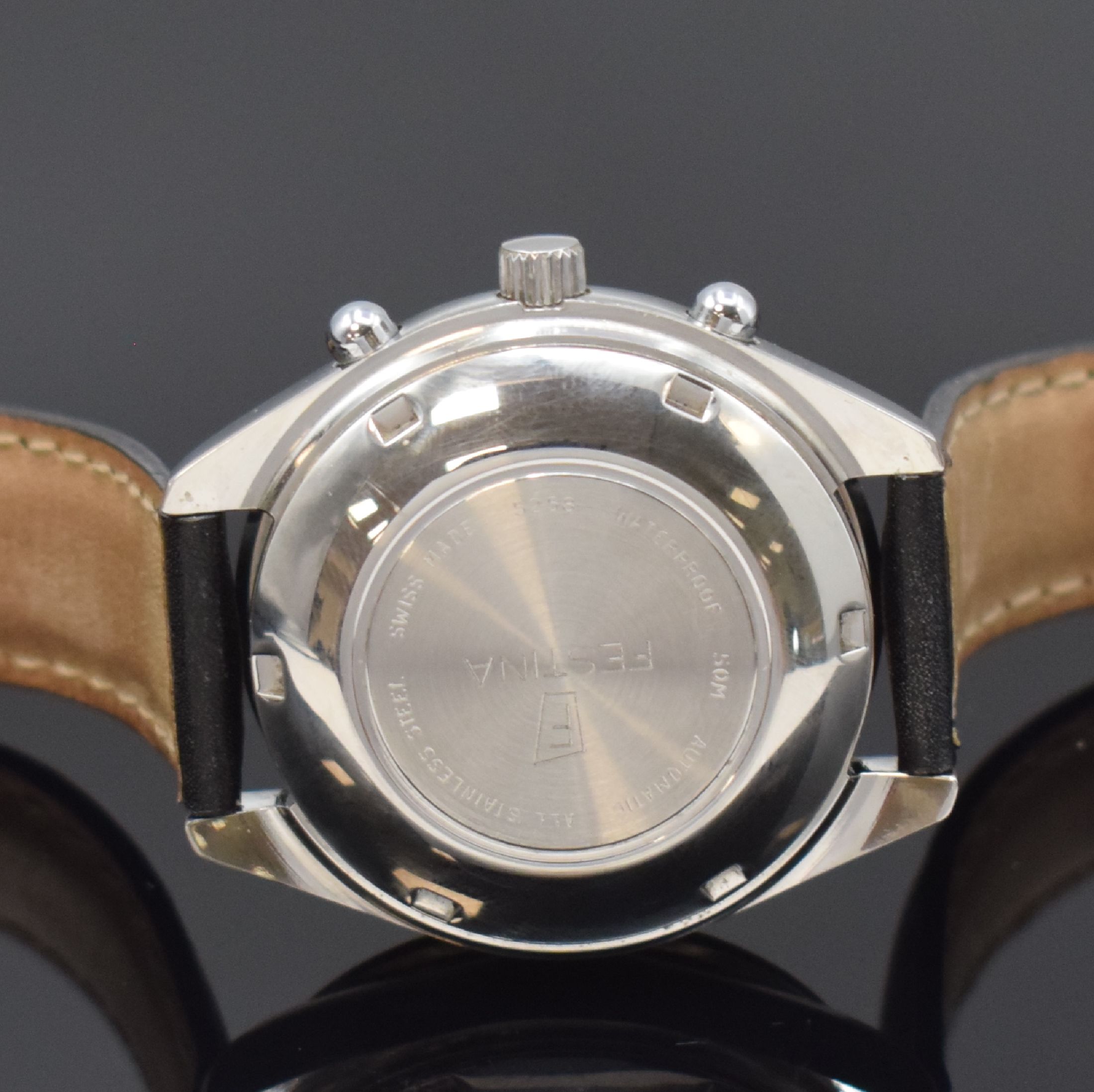Detail c: FESTINA Armbandchronograph in Stahl, Schweiz um 1995, Automatik, pol. Geh., Boden u. Krone verschr., schwarze Tachymeter-Lünette, silb. Zifferbl., ...