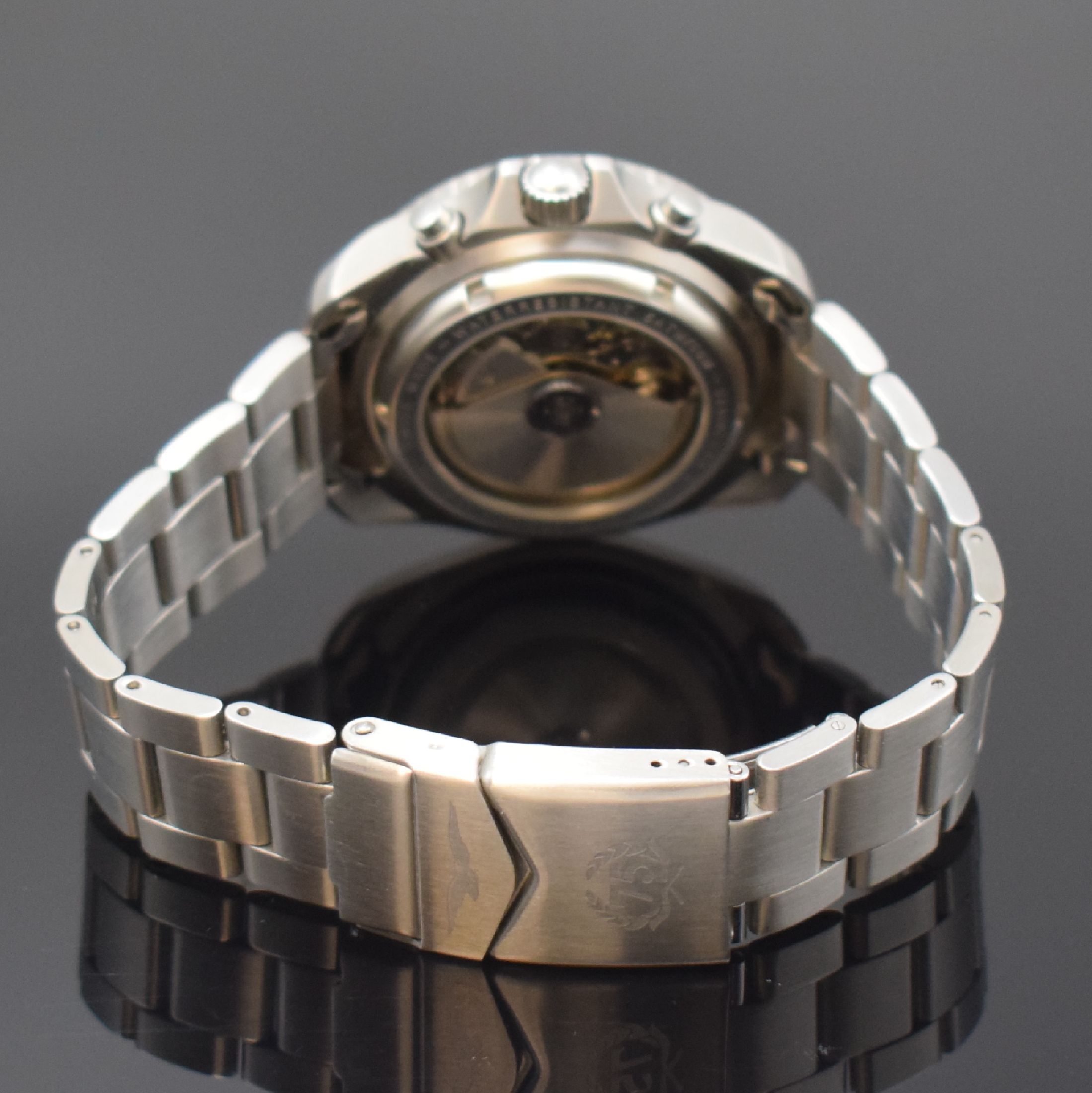 Detail b: MOTO GUZZI / DPW Chrono Legend Jubiläums- Herrenchronograph in Stahl/Stahlband, Schweiz um 1996, Automatik, beids. vergl. Geh., Boden u. Krone ...