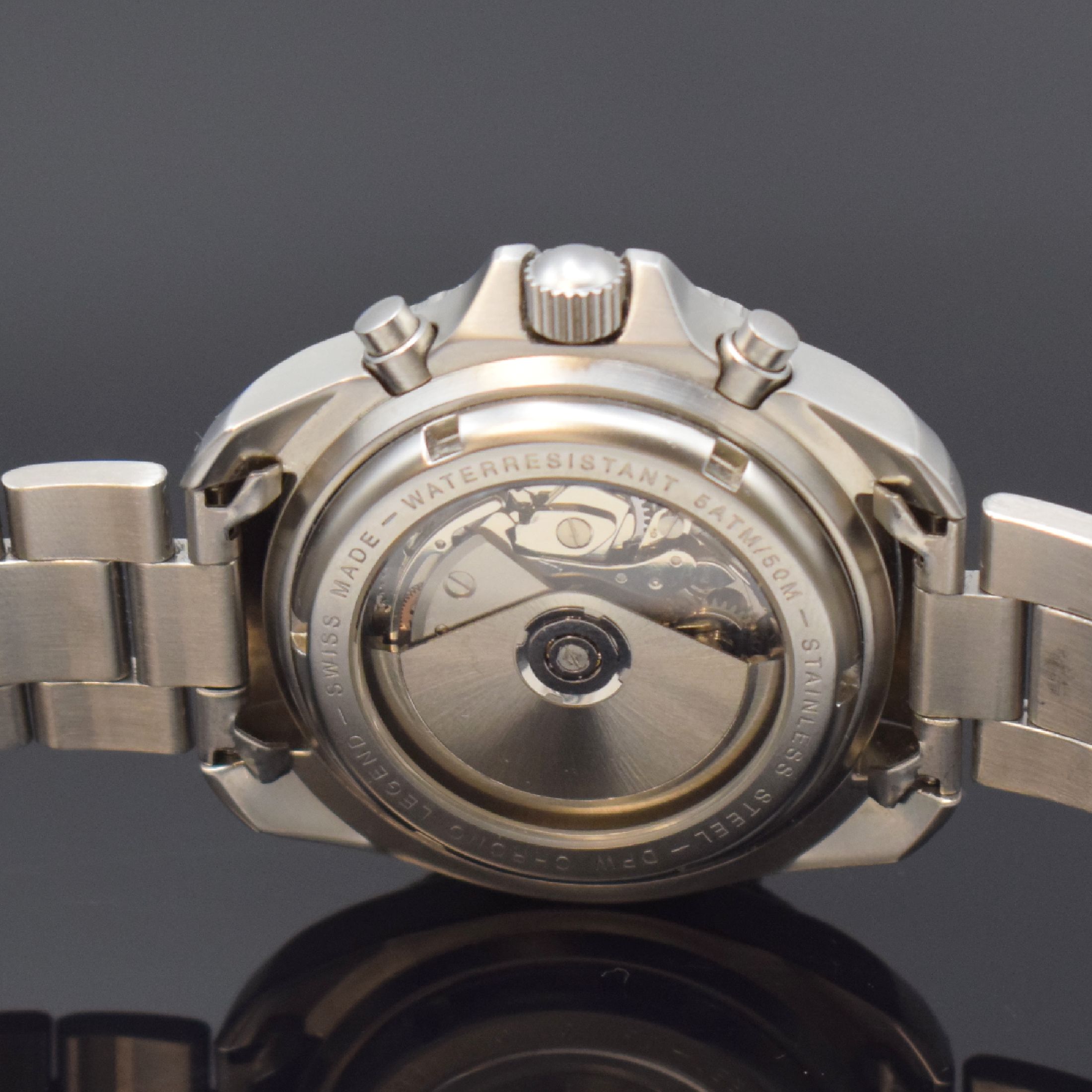 Detail d: MOTO GUZZI / DPW Chrono Legend Jubiläums- Herrenchronograph in Stahl/Stahlband, Schweiz um 1996, Automatik, beids. vergl. Geh., Boden u. Krone ...