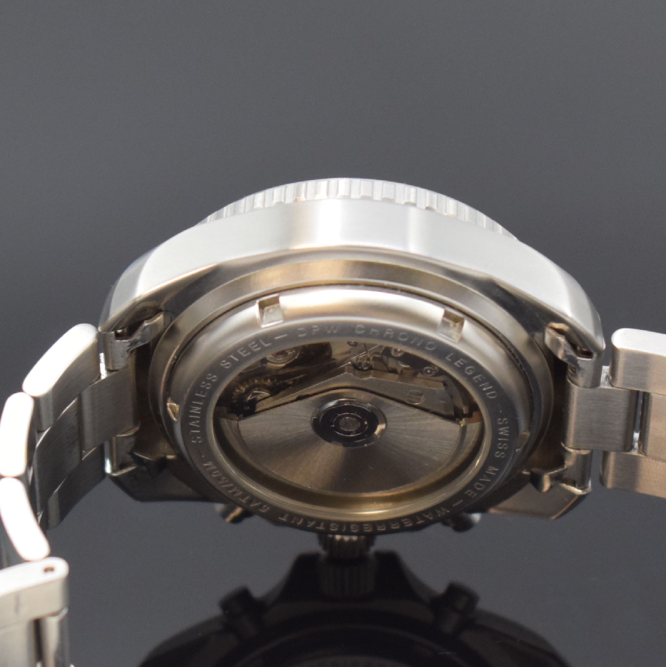 Detail e: MOTO GUZZI / DPW Chrono Legend Jubiläums- Herrenchronograph in Stahl/Stahlband, Schweiz um 1996, Automatik, beids. vergl. Geh., Boden u. Krone ...