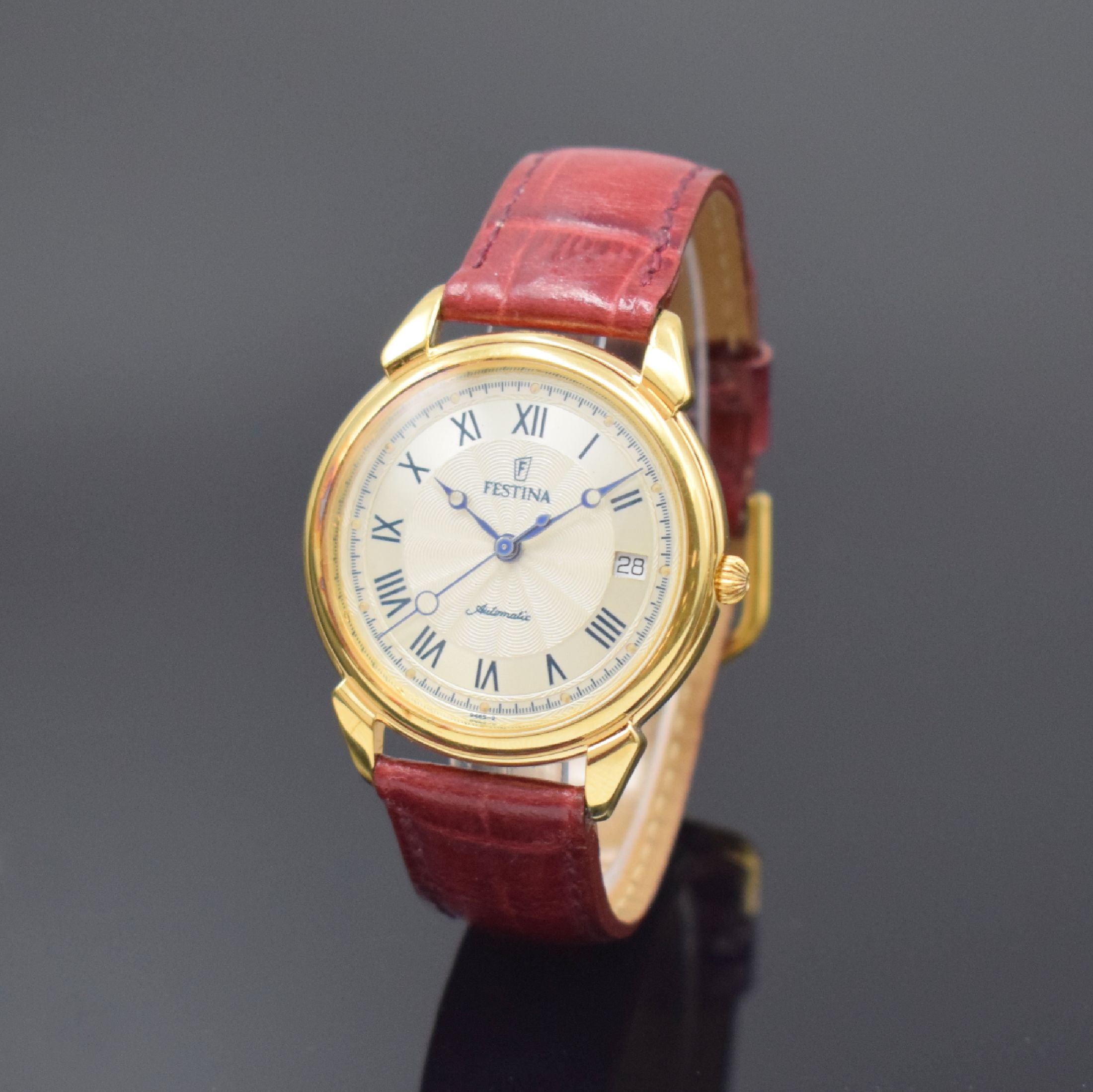 FESTINA Armbanduhr, Automatik, Schweiz um 1990, verg. Geh. beids. vergl., Boden aufgedr., silb. Strukturzifferbl. m. röm. Zahlen, Datum bei 3, verg. ...