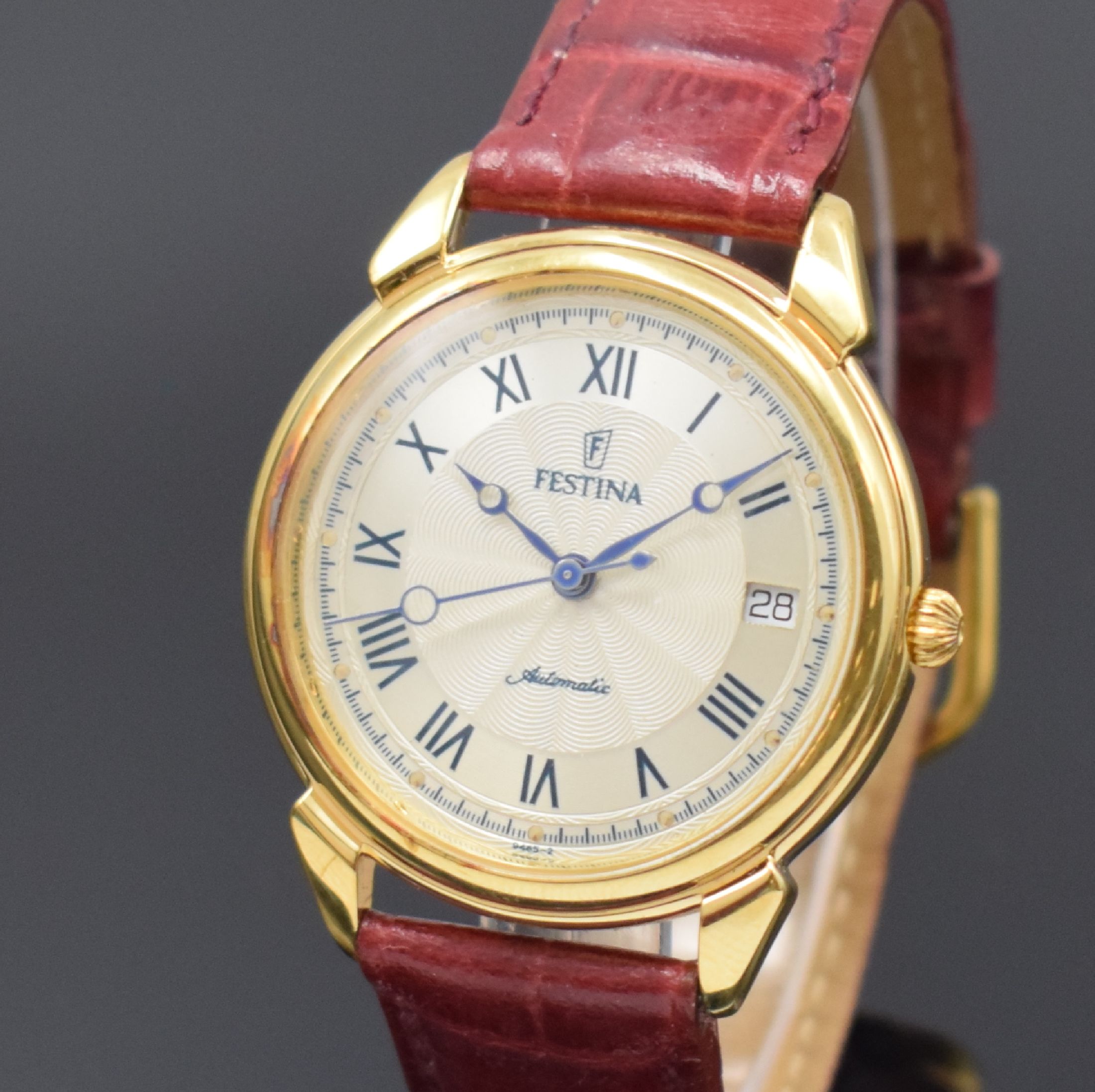 Detail a: FESTINA Armbanduhr, Automatik, Schweiz um 1990, verg. Geh. beids. vergl., Boden aufgedr., silb. Strukturzifferbl. m. röm. Zahlen, Datum bei 3, verg. ...