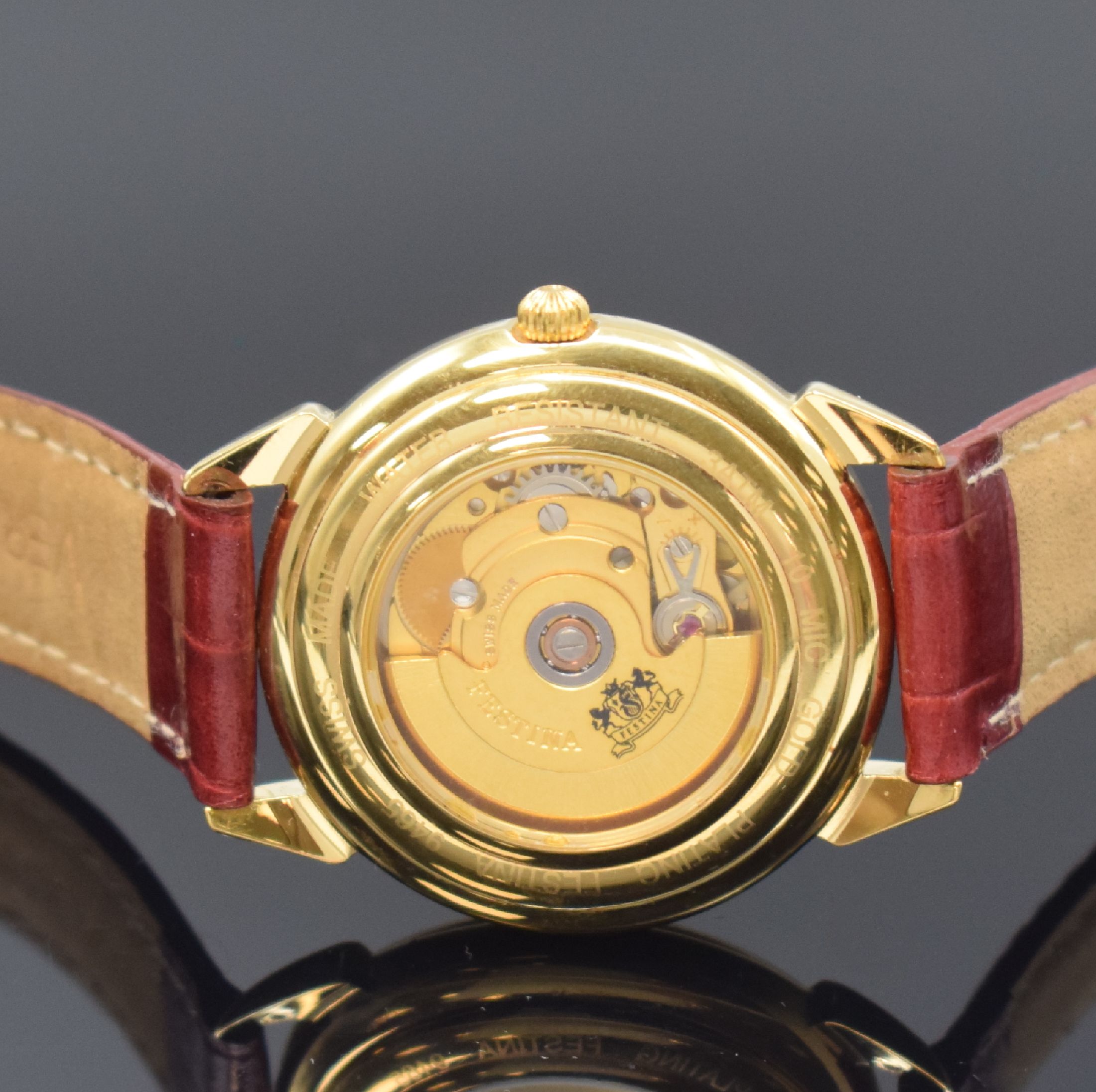 Detail d: FESTINA Armbanduhr, Automatik, Schweiz um 1990, verg. Geh. beids. vergl., Boden aufgedr., silb. Strukturzifferbl. m. röm. Zahlen, Datum bei 3, verg. ...