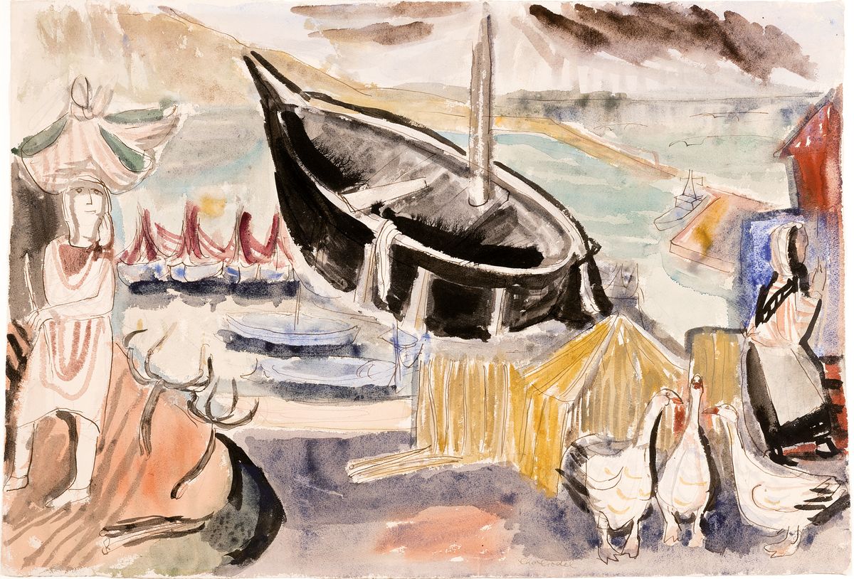 Charles Crodel, 1894 Marseille-1973 München,großformatiges expressionistisches Aquarell, südliche Hafenlandschaft mit Frau und Tieren, links unten ...