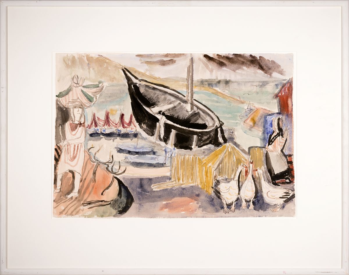 Detail k: Charles Crodel, 1894 Marseille-1973 München,großformatiges expressionistisches Aquarell, südliche Hafenlandschaft mit Frau und Tieren, links unten ...