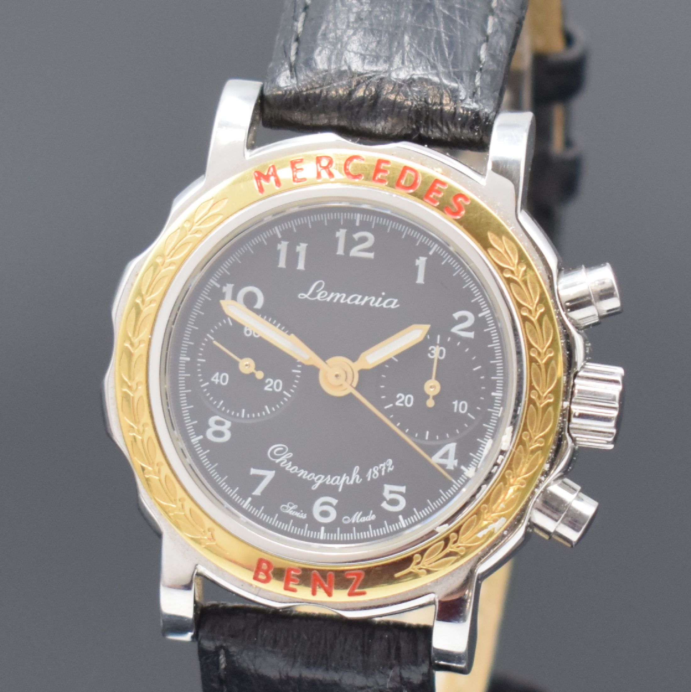Detail a: MERCEDES BENZ / LEMANIA 1872 Armbandchronograph in Stahl/Gold, Schweiz um 1990, Handaufzug, beids. vergl. Geh., Lünette verg., Boden 4-fach ...