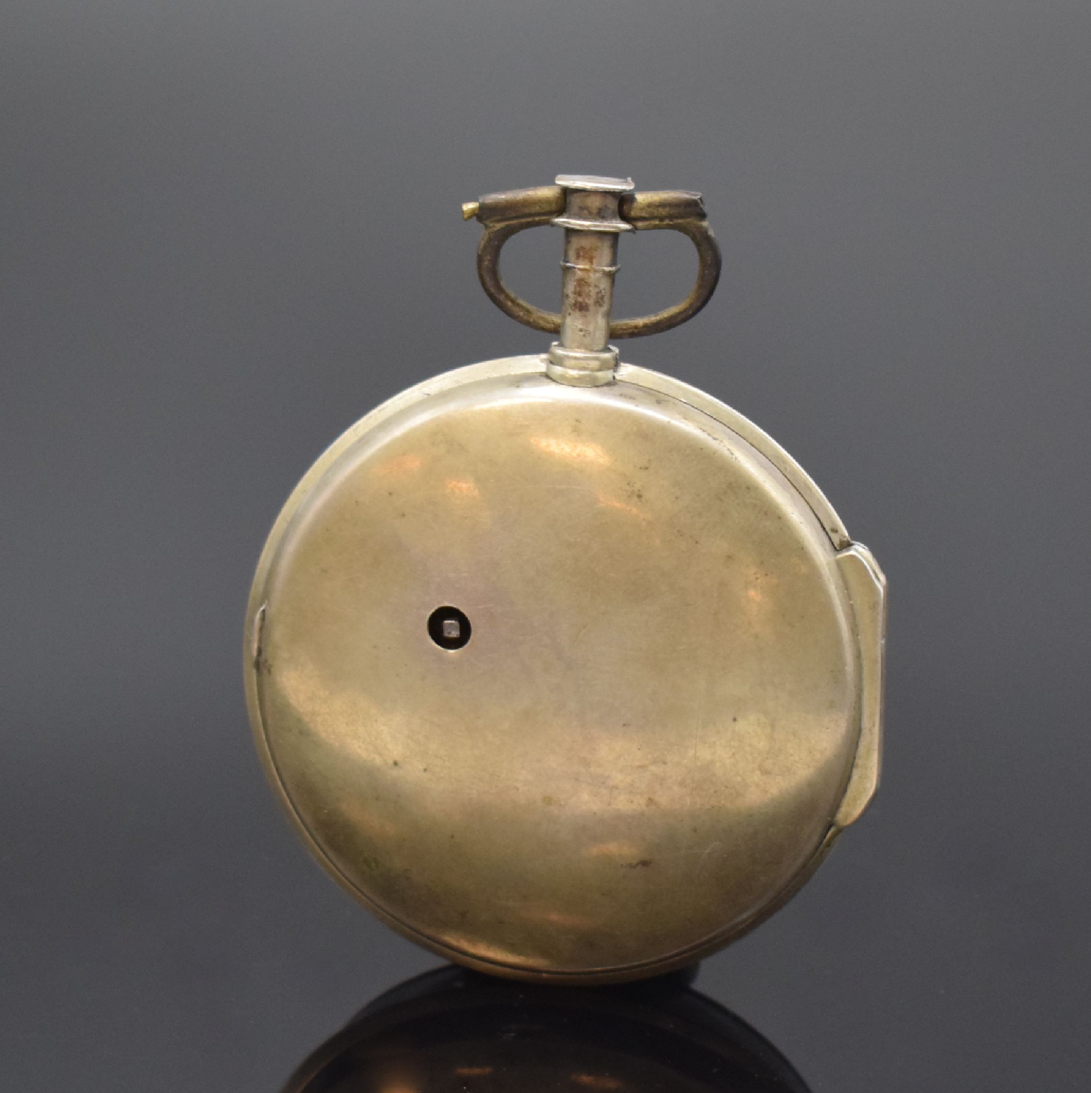 Detail c: Alpenländische Spindeltaschenuhr mit Übergehäuse in Silber, um 1820, Schlüsselaufzug, glattes Innengeh., lackiertes Übergeh. m. ...