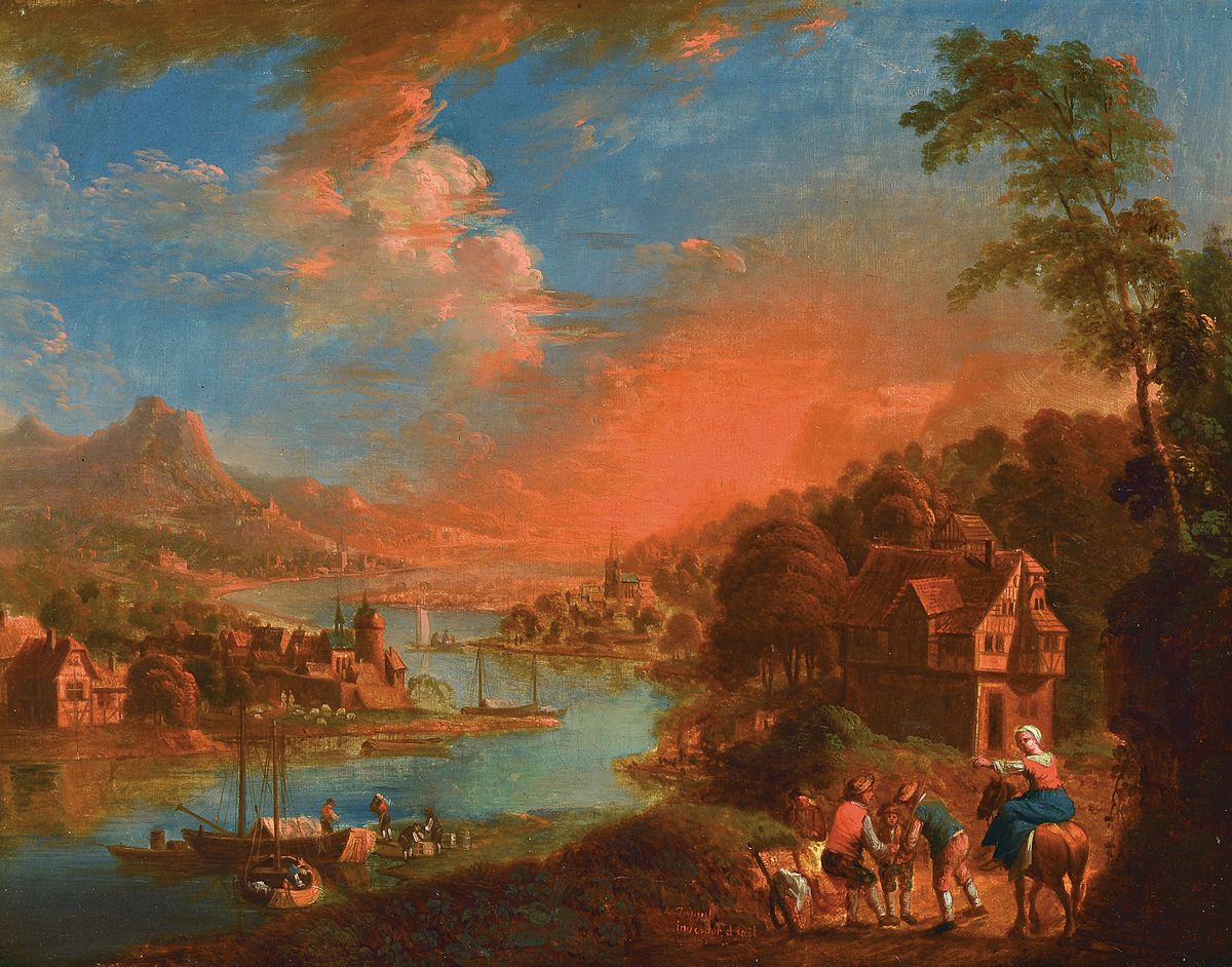 Leonhard Trippel, 1745 Schaffhausen - 1783, Schüler von Christian Georg Schütz d.J., ideale Rheinlandschaft im Abendrot nach dem Motiv des ...