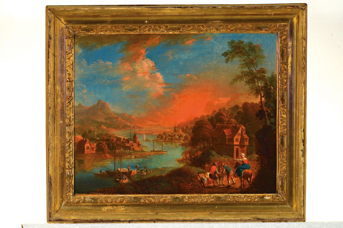 Detail k: Leonhard Trippel, 1745 Schaffhausen - 1783, Schüler von Christian Georg Schütz d.J., ideale Rheinlandschaft im Abendrot nach dem Motiv des ...