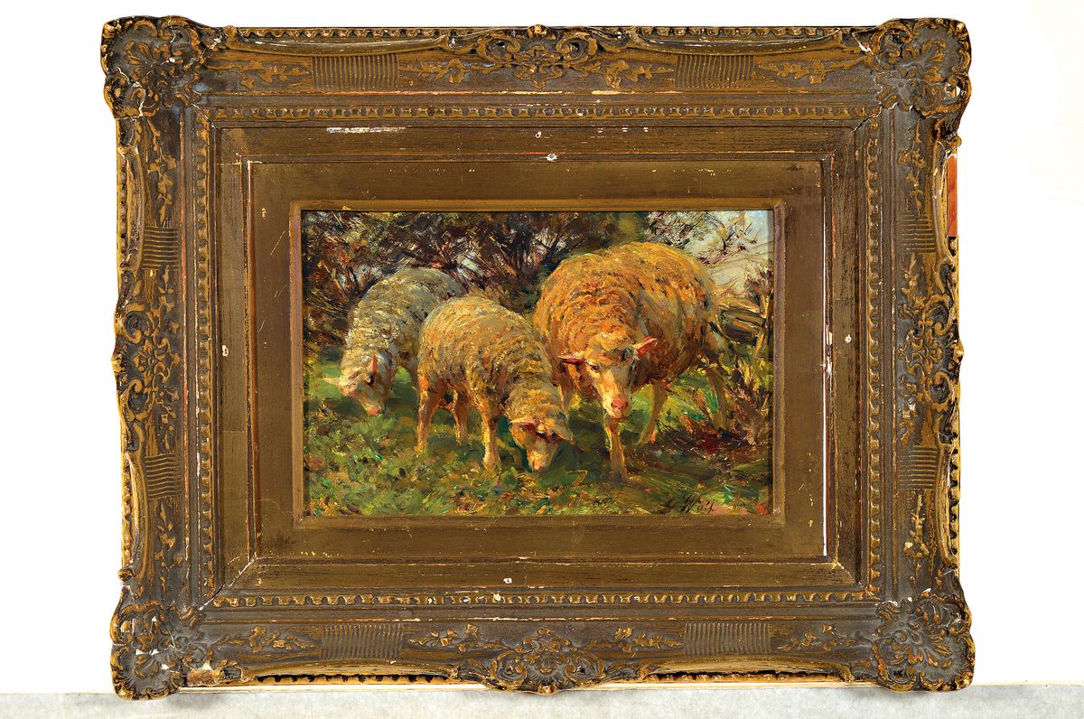 Detail k: Georg Wolf, 1882 Niederhausbergen- 1962 Uelzen, grasende Schafe, re. u. signiert, Öl/Holz,ca. 20 x 30 cm, Prunkahmen best. 40x50 cm; Ausbildung an ...