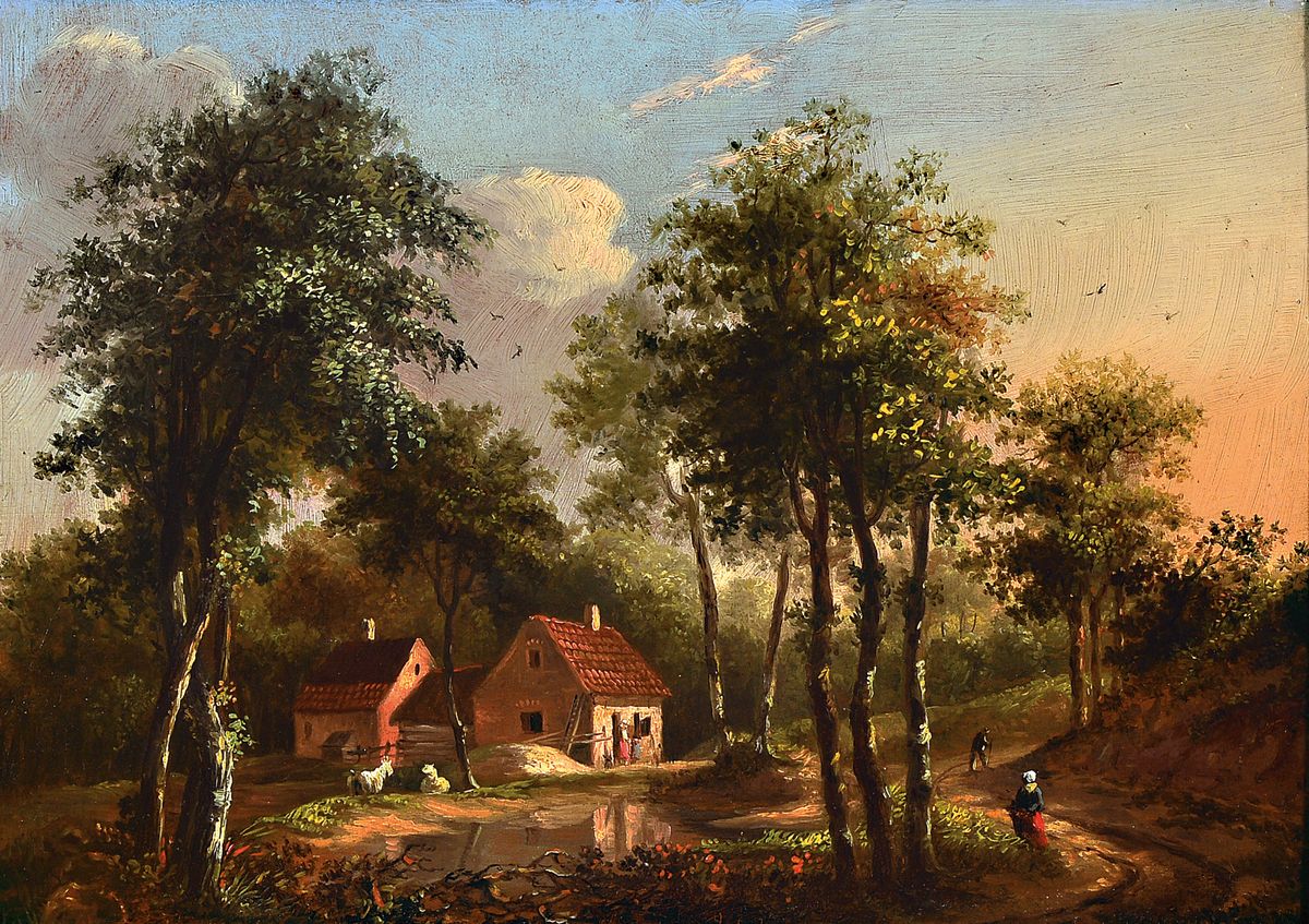 Peter Caspar Christ 1822 Nijmegen - 1888 Arnheim, sommerliche Landschaft mit kleinem Gehöft, Personen und Tieren, Öl/Lwd, rechts unten signiert, ...