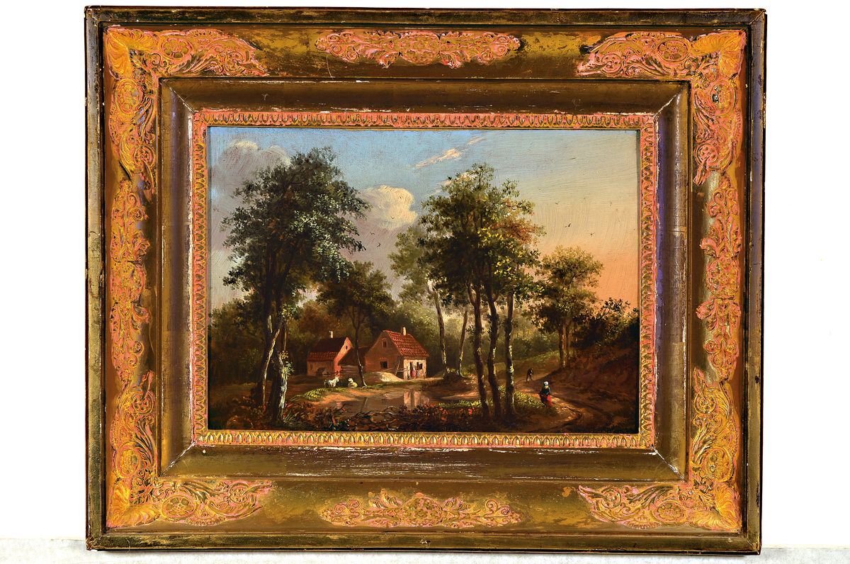 Detail k: Peter Caspar Christ 1822 Nijmegen - 1888 Arnheim, sommerliche Landschaft mit kleinem Gehöft, Personen und Tieren, Öl/Lwd, rechts unten signiert, ...