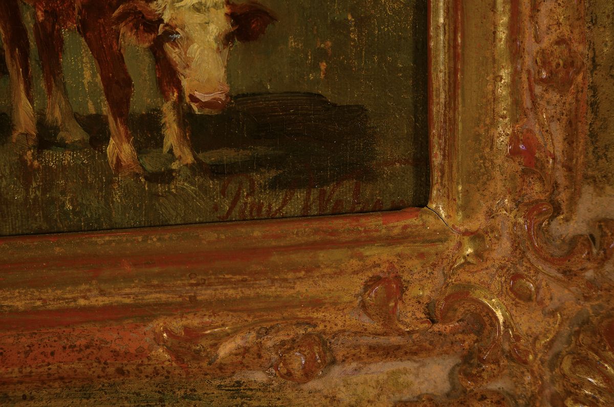 Detail a: Paul Weber, 1823 Darmstadt-1916 München, Kuhherde auf der Weide, Öl/Malkarton, rechts unten signiert, ca. 20 x 34.5 cm, Prunkrahmen 33x47 cm ...