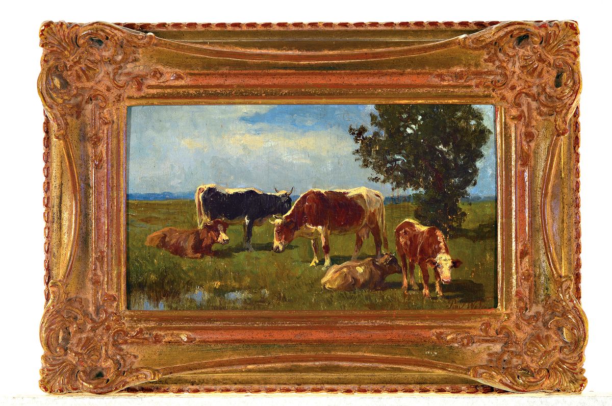 Detail k: Paul Weber, 1823 Darmstadt-1916 München, Kuhherde auf der Weide, Öl/Malkarton, rechts unten signiert, ca. 20 x 34.5 cm, Prunkrahmen 33x47 cm ...