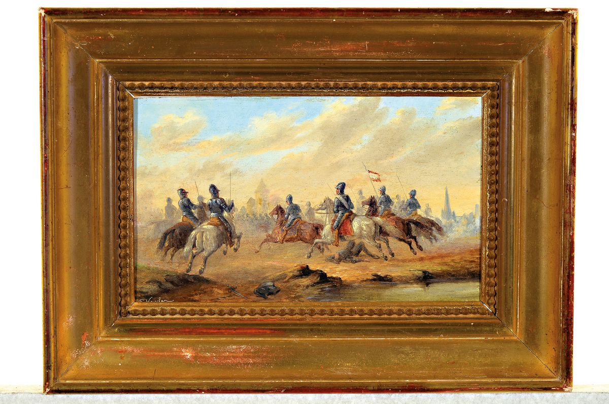 Detail k: Fritz Vogler, 19./20. Jh., schwer gerüstete Kavallerie auf dem Schlachtfeld, hinertgründigz.T. in Flammen stehende Stadtkulisse, Öl/Holz, links ...