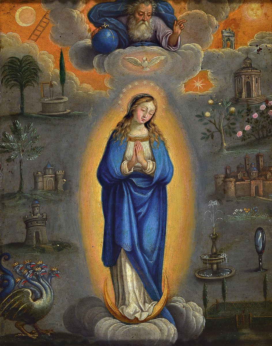 Andachtsbild, wohl süddeutsch, 18. Jh., Mondsichelmadonna bzw. Apokalyptisches Weib, attributtiert durch siebenköpfigen Drachen und weitere ...