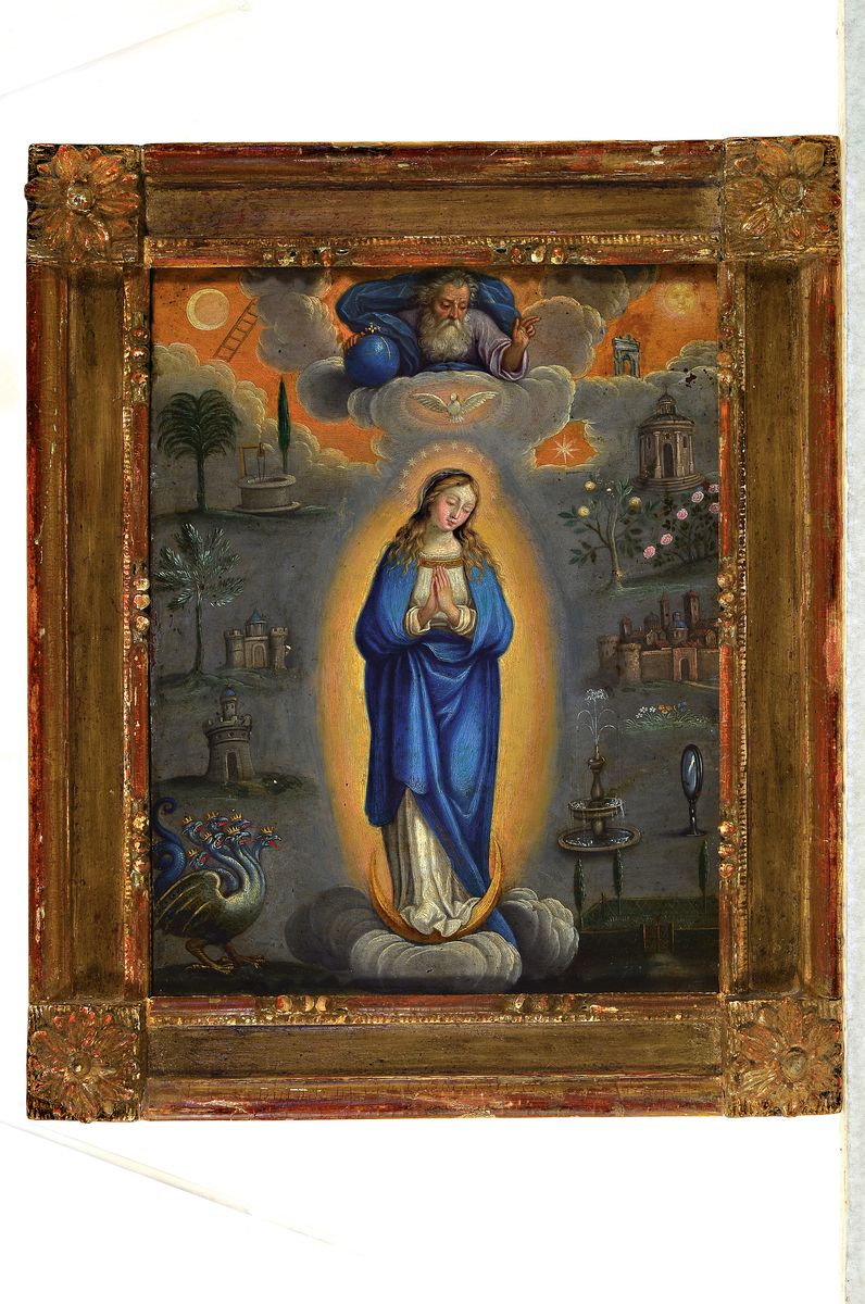 Detail k: Andachtsbild, wohl süddeutsch, 18. Jh., Mondsichelmadonna bzw. Apokalyptisches Weib, attributtiert durch siebenköpfigen Drachen und weitere ...
