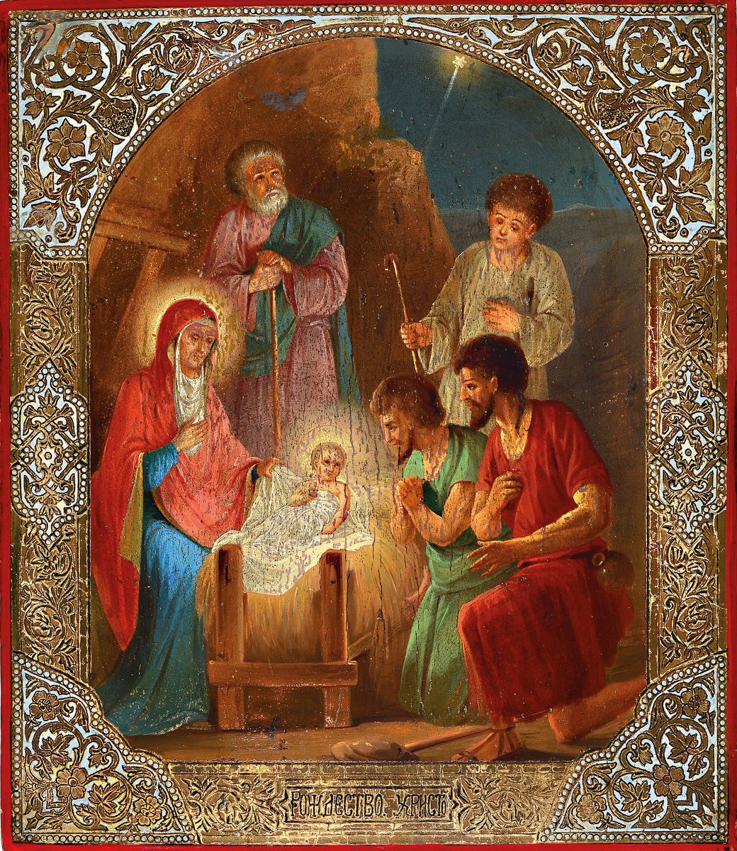 Ikone, Zentralrussland, um 1880,, Geburt Christi, das Jesuskind liegt in einer Futterkrippe, daneben Mutter Gottes, Hl. Joseph und Hirten, kleine ...