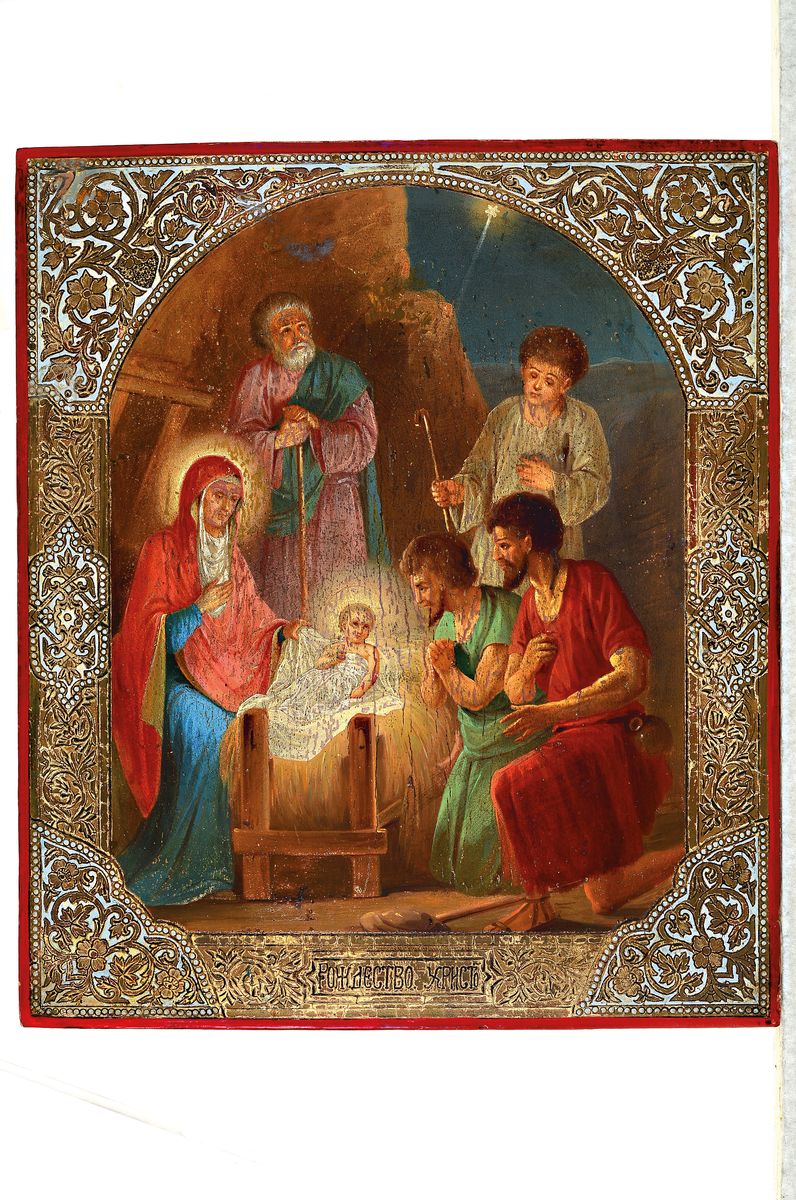 Detail k: Ikone, Zentralrussland, um 1880,, Geburt Christi, das Jesuskind liegt in einer Futterkrippe, daneben Mutter Gottes, Hl. Joseph und Hirten, kleine ...