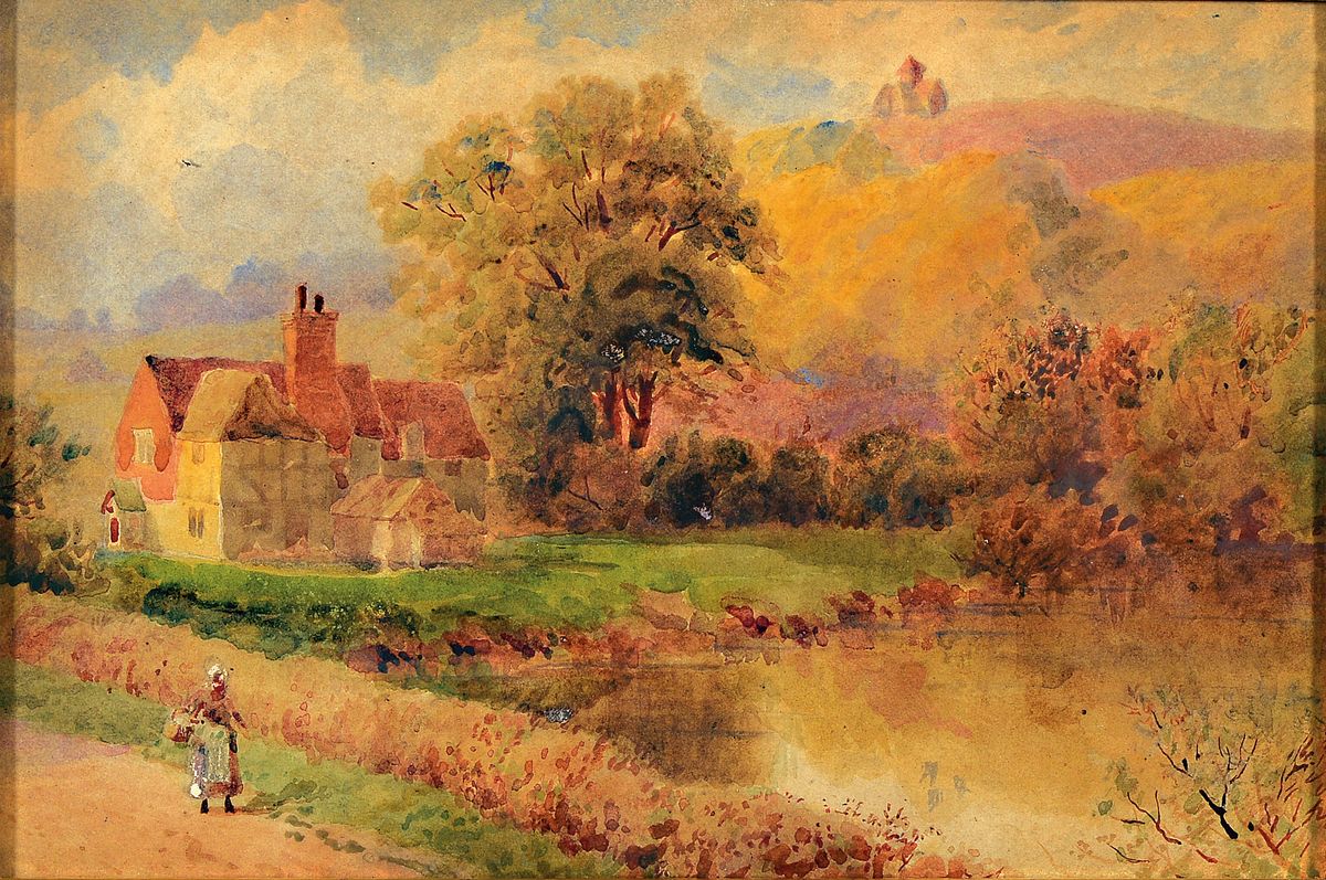 englischer Künstler, um 1900, Sommerlandschaft mit Teich und Herrenhaus, Aquarell/Papier, beim Kauf an Howard Gage zugeschrieben, ca. 18 x 27 cm, ...