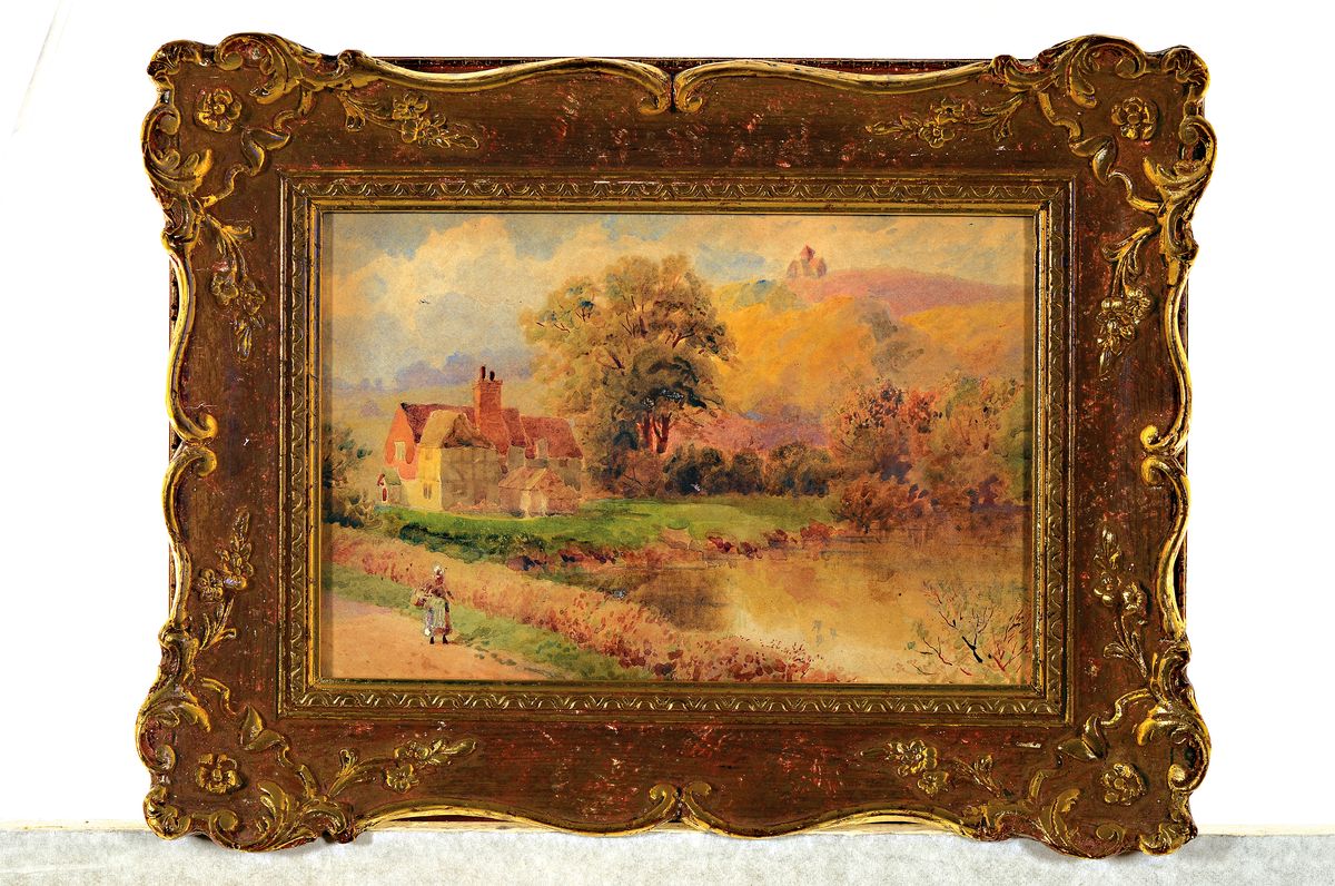 Detail k: englischer Künstler, um 1900, Sommerlandschaft mit Teich und Herrenhaus, Aquarell/Papier, beim Kauf an Howard Gage zugeschrieben, ca. 18 x 27 cm, ...