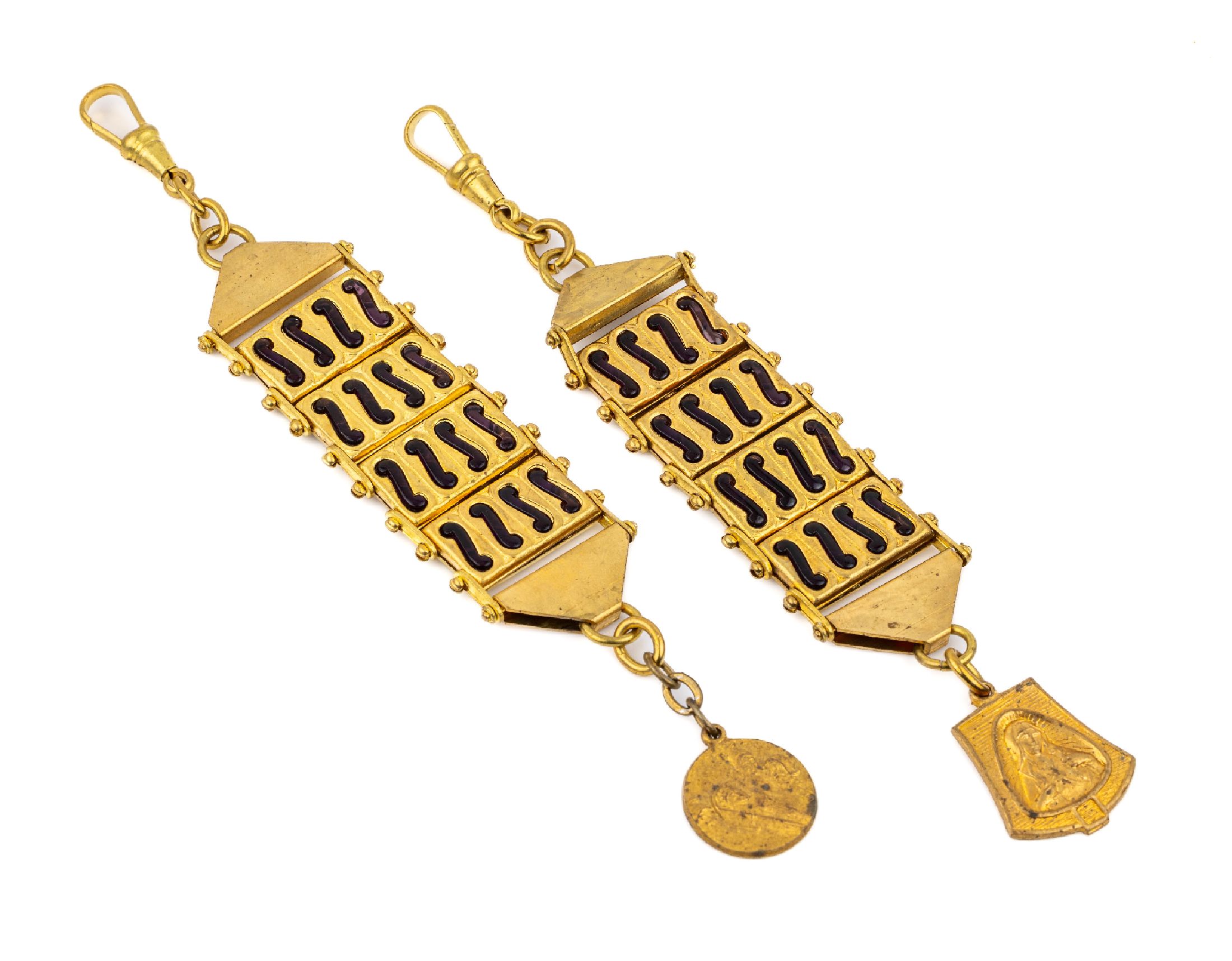Set 2 Chatelaines, Metall verg., wohl JakobBengel, 1920/30er Jahre, mit amethystfarb. Kunststoffeinlagen, bewegl. Abhängungen mit ...