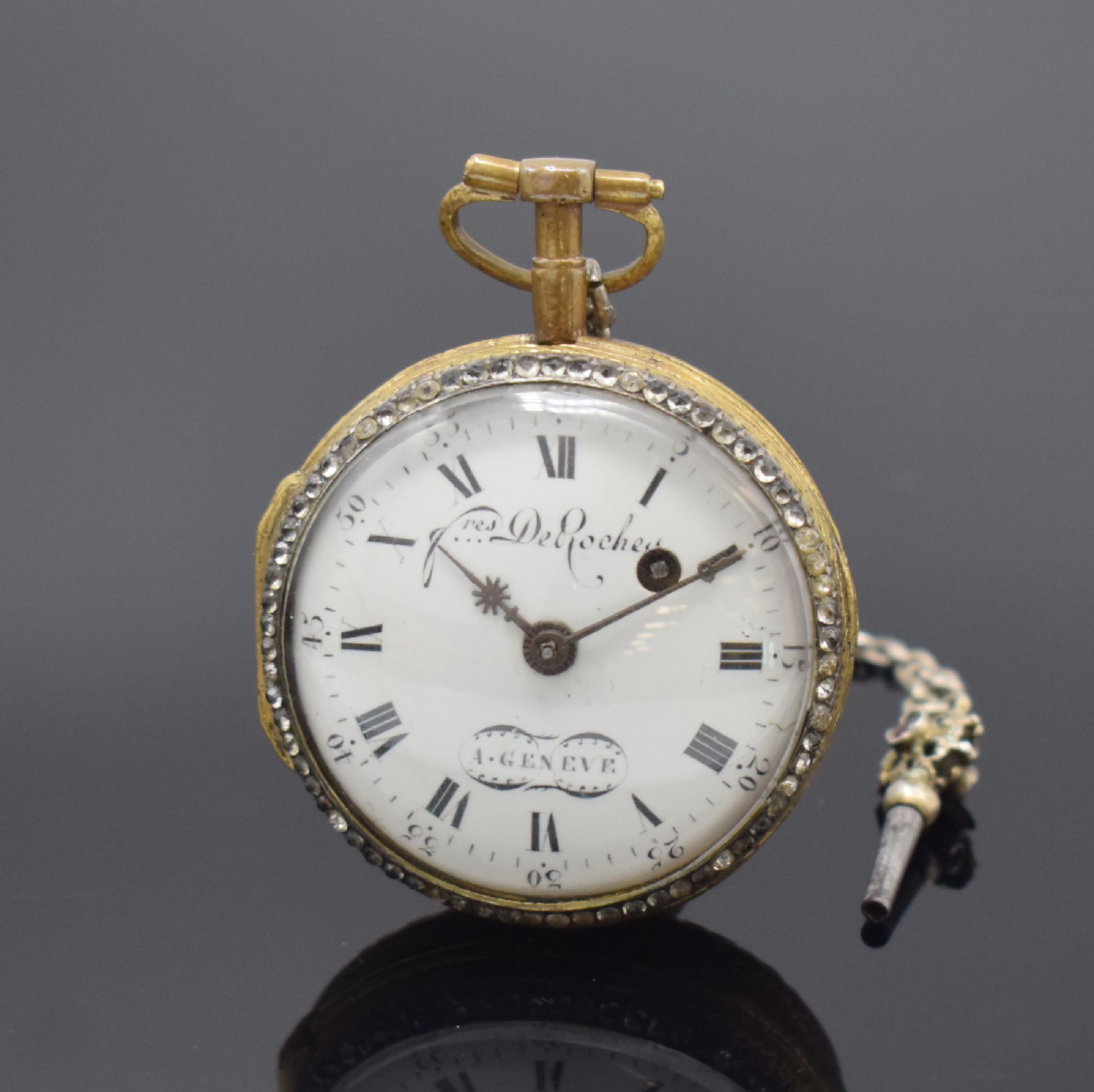 DEROCHES vergoldete, emaillierte Spindeltaschenuhr mit Schlüssel, Schweiz um 1790, seitl. graviertes Geh. m. großem Außenscharnier, Lünette m. ...