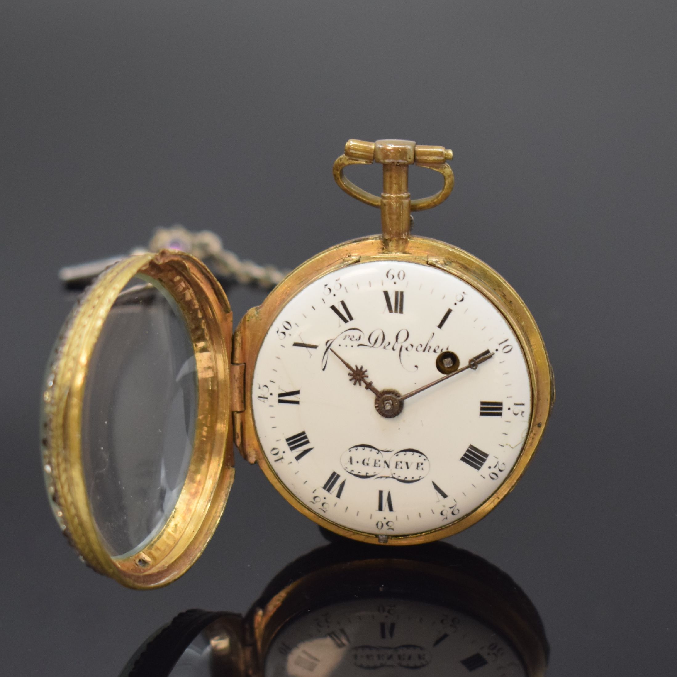 Detail b: DEROCHES vergoldete, emaillierte Spindeltaschenuhr mit Schlüssel, Schweiz um 1790, seitl. graviertes Geh. m. großem Außenscharnier, Lünette m. ...