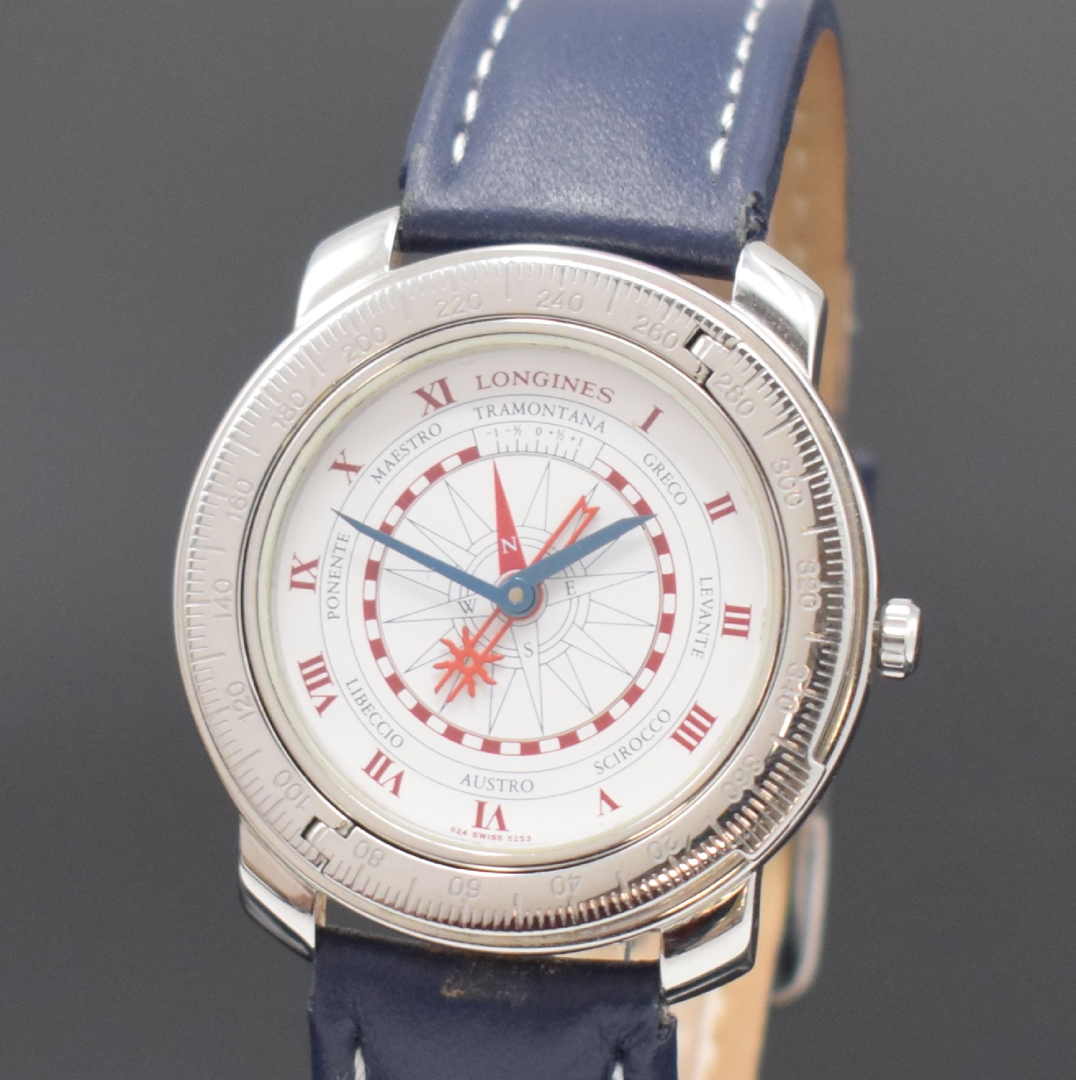 Detail a: LONGINES Christobal C Herrenarmbanduhr in Stahl Referenz 5253, Schweiz um 1992 zum 500. Jahrestag der Entdeckung Amerikas, gedr. Geh. mit drehbarer ...