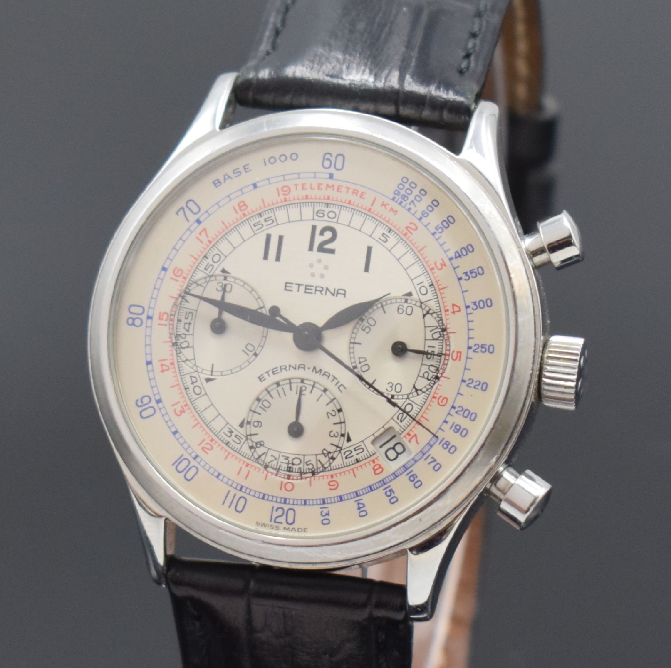 Detail a: ETERNA Armbandchronograph Cambridge Airforce Pulsometer Referenz 8508.41, Automatik, Schweiz um 2005, Edelstahlgeh., Boden verschr., 2-farb. vers. ...