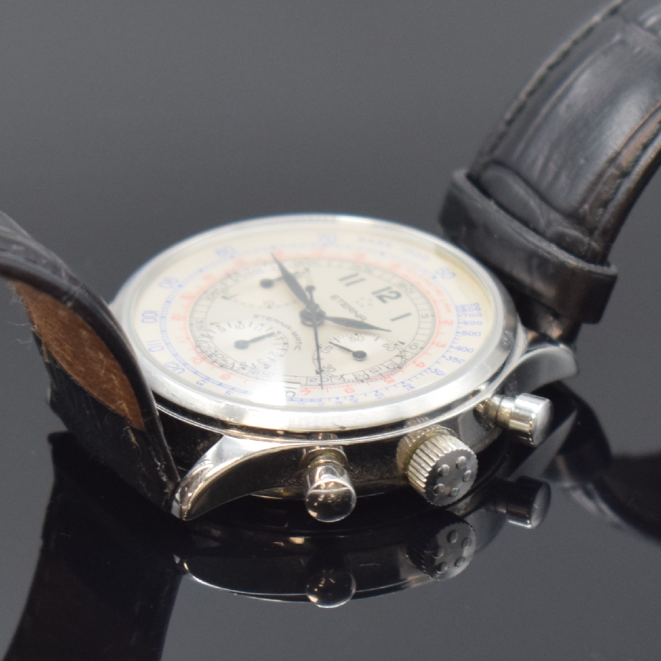 Detail b: ETERNA Armbandchronograph Cambridge Airforce Pulsometer Referenz 8508.41, Automatik, Schweiz um 2005, Edelstahlgeh., Boden verschr., 2-farb. vers. ...