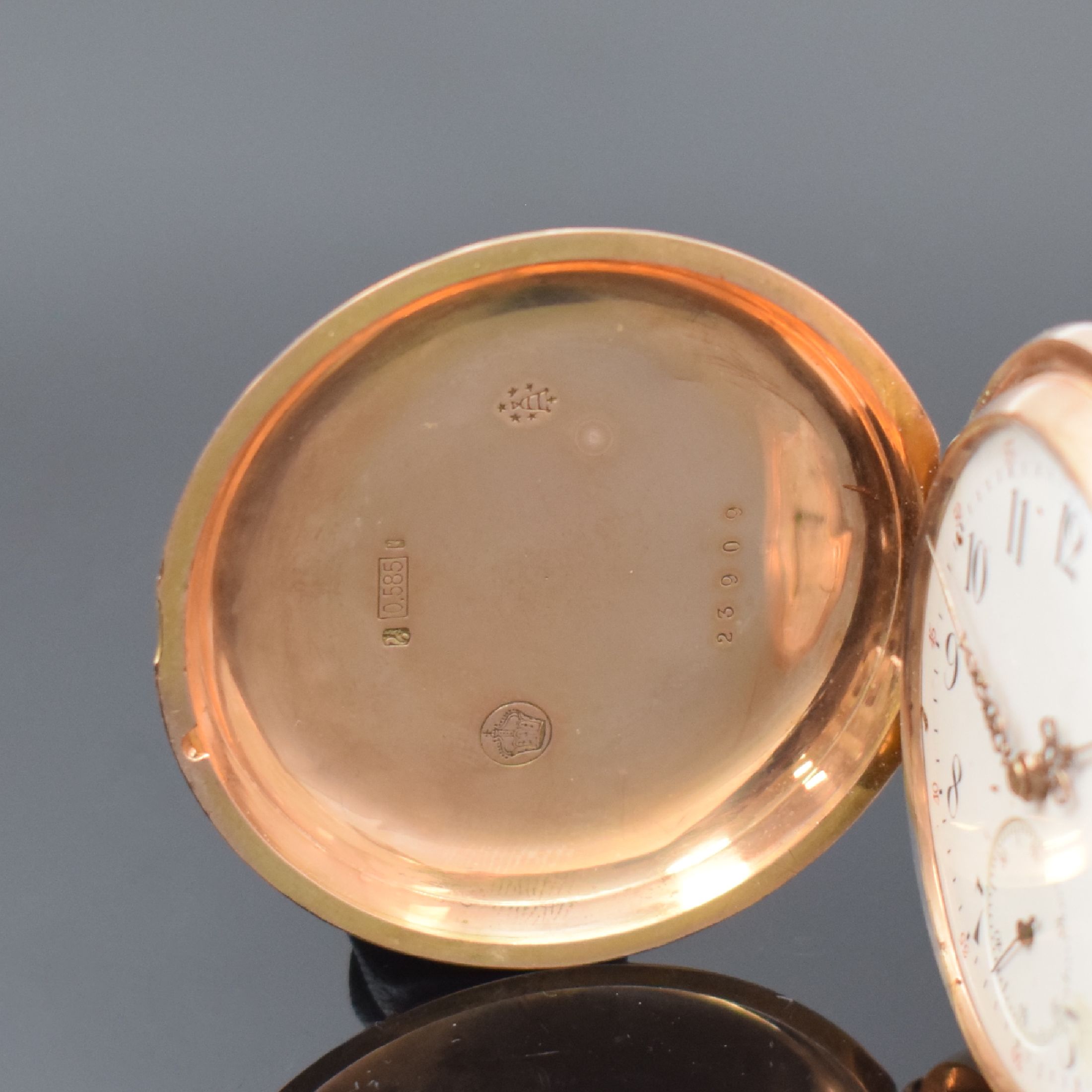 Detail a: UNION GLOCKE Herrensavonette in RG 585/000, Schweiz um 1900, glattes 2-Deckel Goldgeh. dell., 2-teil. Emailzifferbl. rep., Zeiger später, verg. 3/4 ...