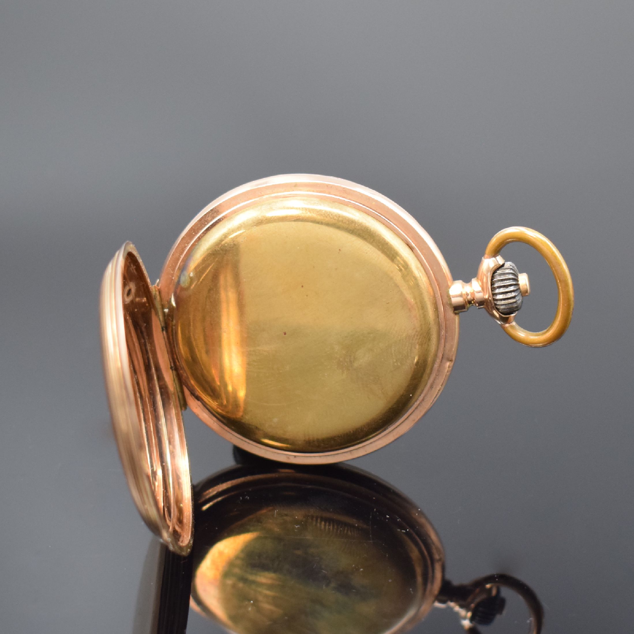 Detail d: UNION GLOCKE Herrensavonette in RG 585/000, Schweiz um 1900, glattes 2-Deckel Goldgeh. dell., 2-teil. Emailzifferbl. rep., Zeiger später, verg. 3/4 ...