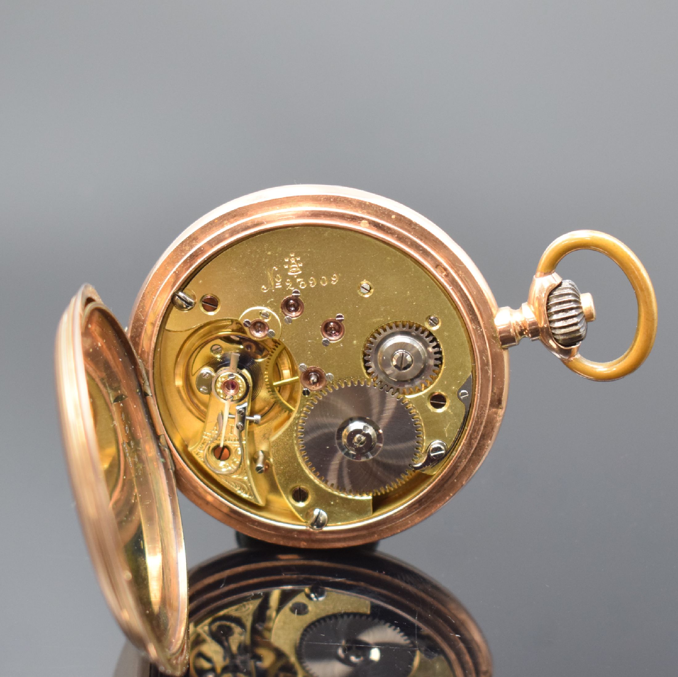 Detail f: UNION GLOCKE Herrensavonette in RG 585/000, Schweiz um 1900, glattes 2-Deckel Goldgeh. dell., 2-teil. Emailzifferbl. rep., Zeiger später, verg. 3/4 ...