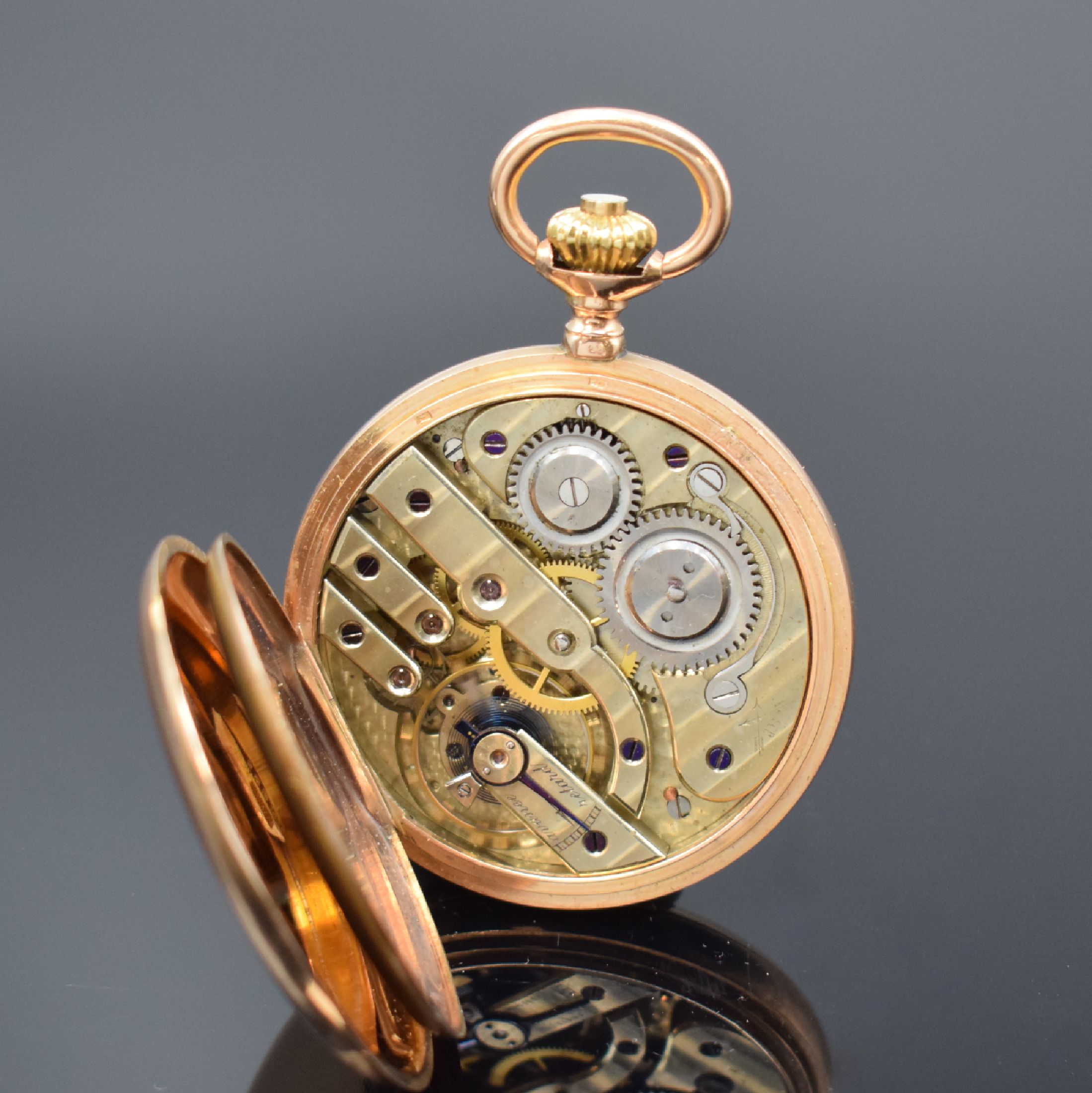 Detail g: Herren-Halbsavonette in RG 585/000, Schweiz um 1900, guill. 2-Deckel Goldgeh. l. dell., schwarz emaill. Zahlen auf Sprungdeckel, Emailzifferbl. ...