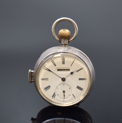 Offene Silbertaschenuhr mit 1/4-Repetition und Kalender, Schweiz um 1910, glattes 935er Silber-Geh., Drücker für Repetition bei 9, Emailzifferbl. ...